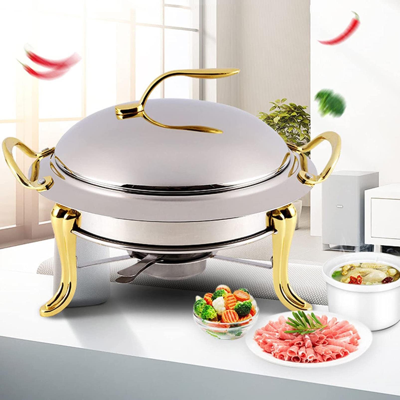 EXBERT Servidor de Buffet eléctrico, Paquete de 2 Platos Redondos de tamaño Completo, Servidor de Buffet de Acero Inoxidable de 3 litros con Bandeja para Alimentos, Tapa y Soporte para Combustible,