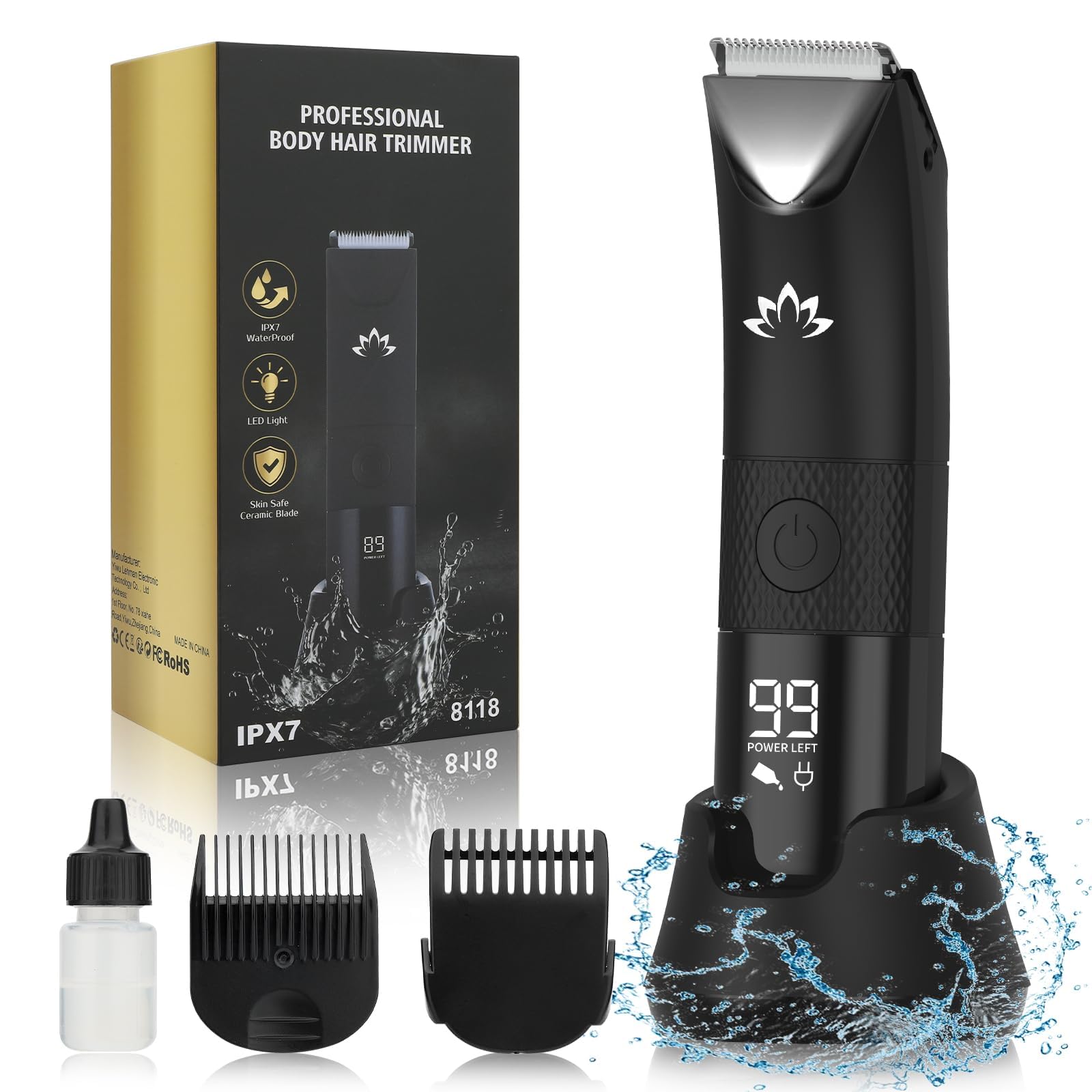 Qreeyx Manscape Trimmer for Men - Electric Body Hair Trimmer with Light IPX7 Waterproof Electric Razor for Balls