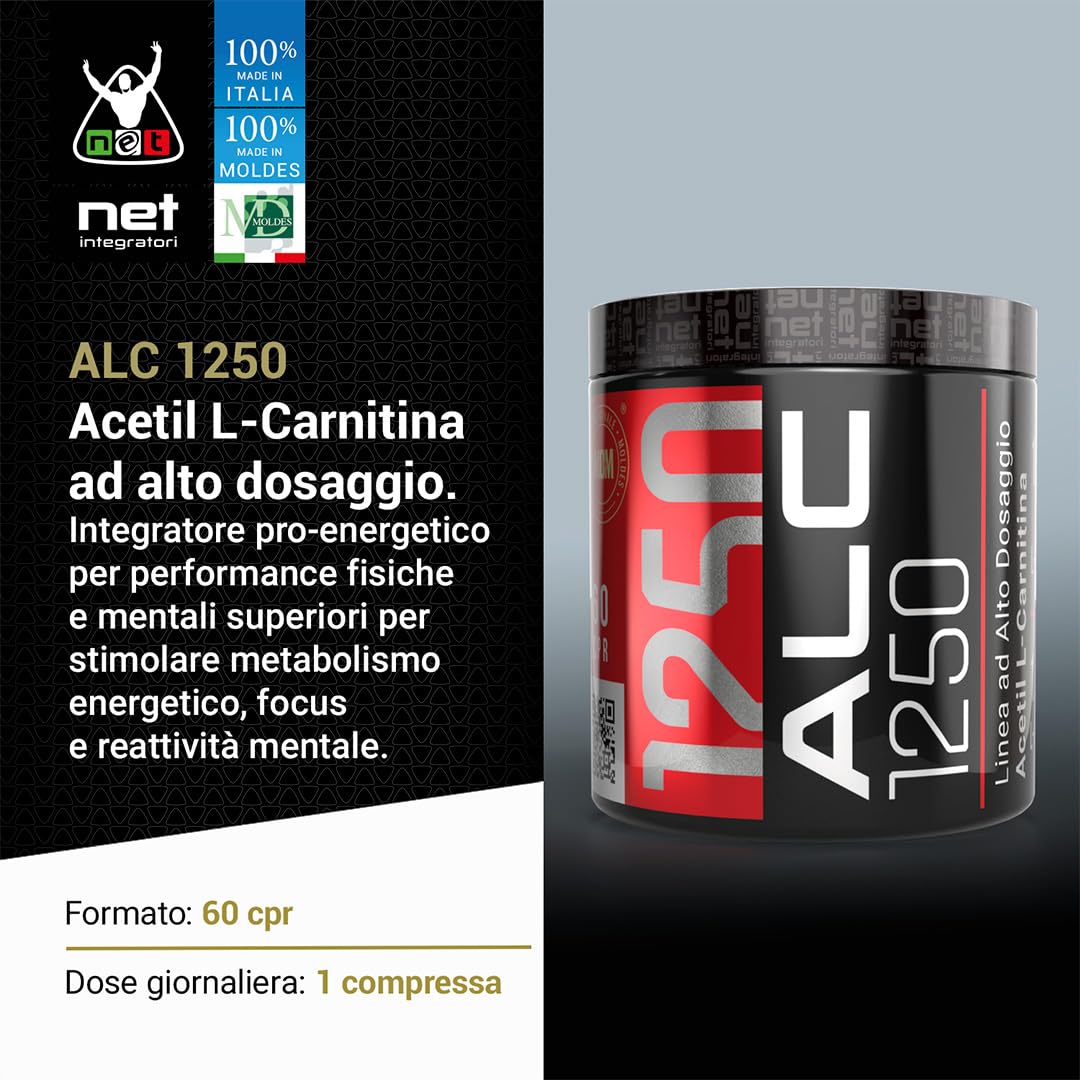 Net Integratori ALC 1250 – 60 compresse – Integratore di Acetil L-Carnitina ad Alto Dosaggio – Energia Forza e Focus Mentale – Pre Workout