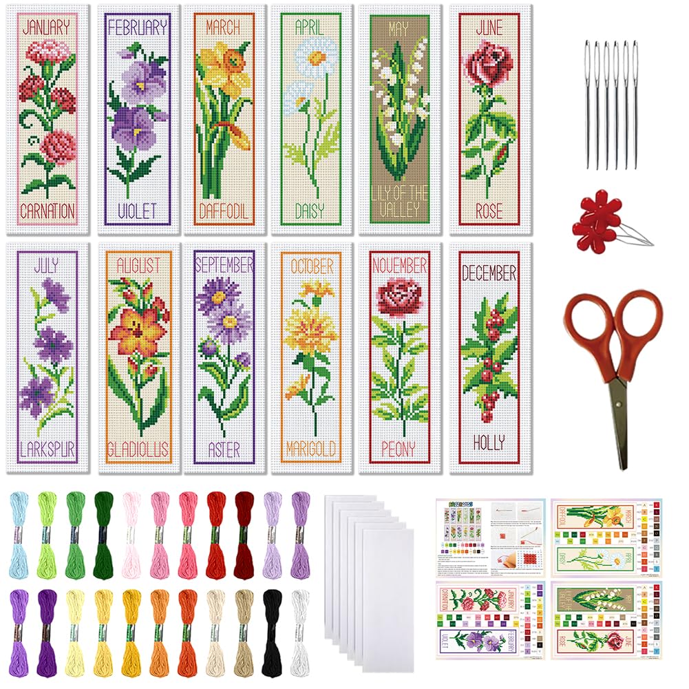 FREEBLOSS 12 Set Cross Stitch Bookmark Kits Flower of The Month Pattern Stamped Cross Stitch Kit 11CT Embroidery Kit with Instructions for Beginners 20x6cm/8x2.4inch