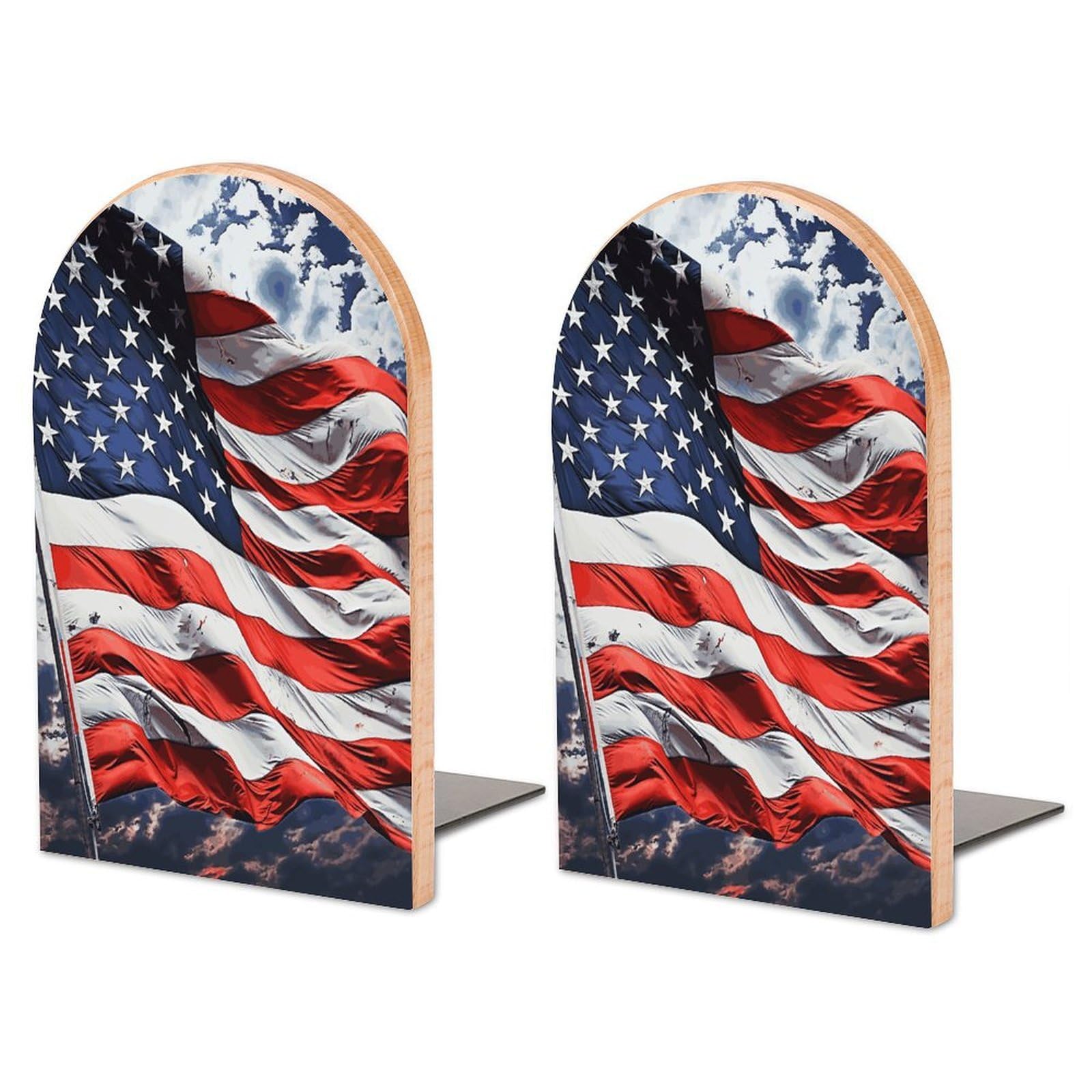 Large US Flag Book End with Metal Base Fashion Heavy Duty Bookend Exquisite Wooden Bookends Non-Skid Book Stopper for Shelves Books Organizer for Office Home 1 Pair