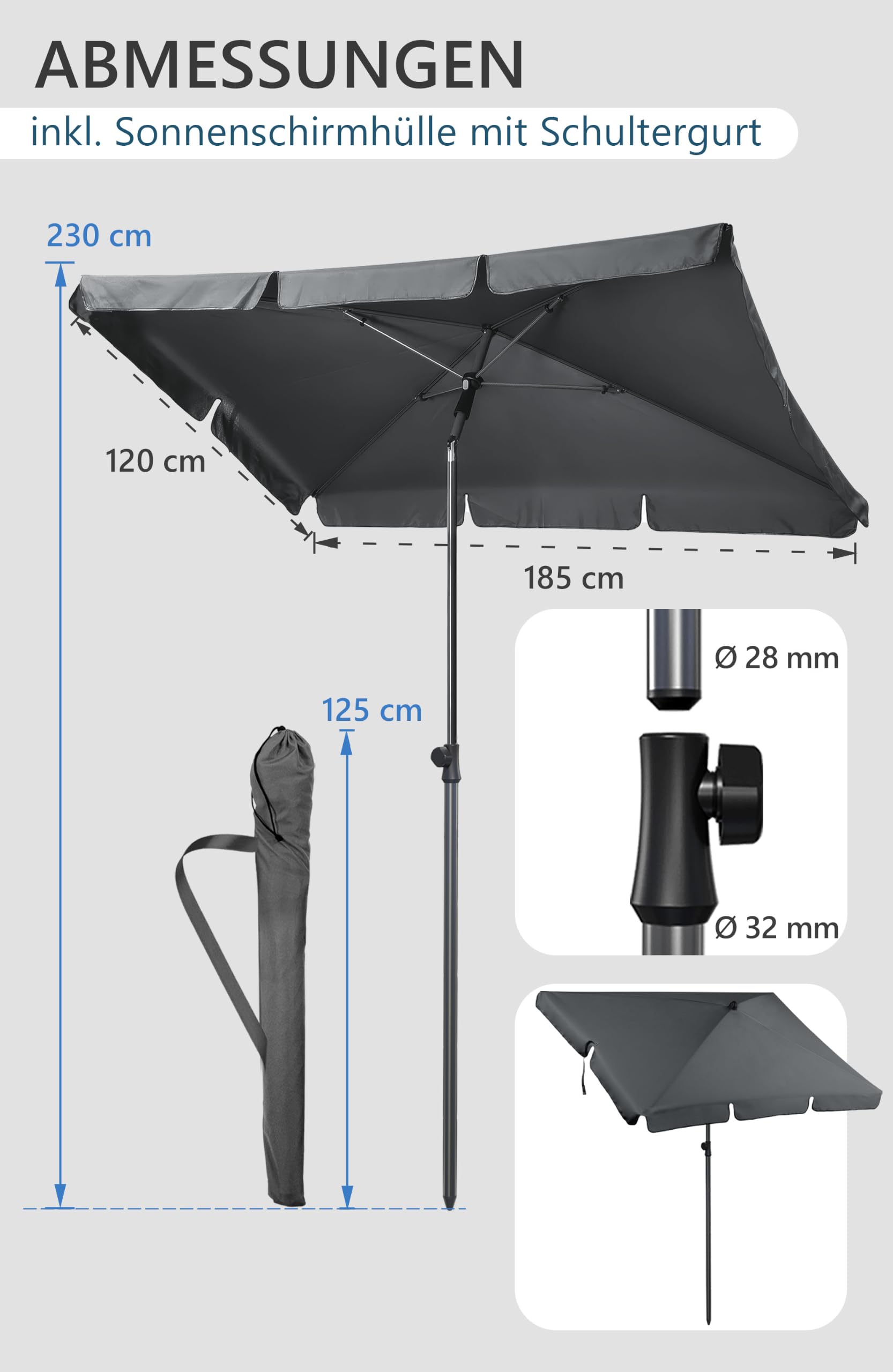 4smile Sonnenschirm Balkon mit Kurbel, Sonnenschirm rechteckig 200x125 cm, Sonnenschutz Balkon mit UPF 50+, Balkonschirm mit Schutzhülle, knickbar und höhenverstellbar, Anthrazit