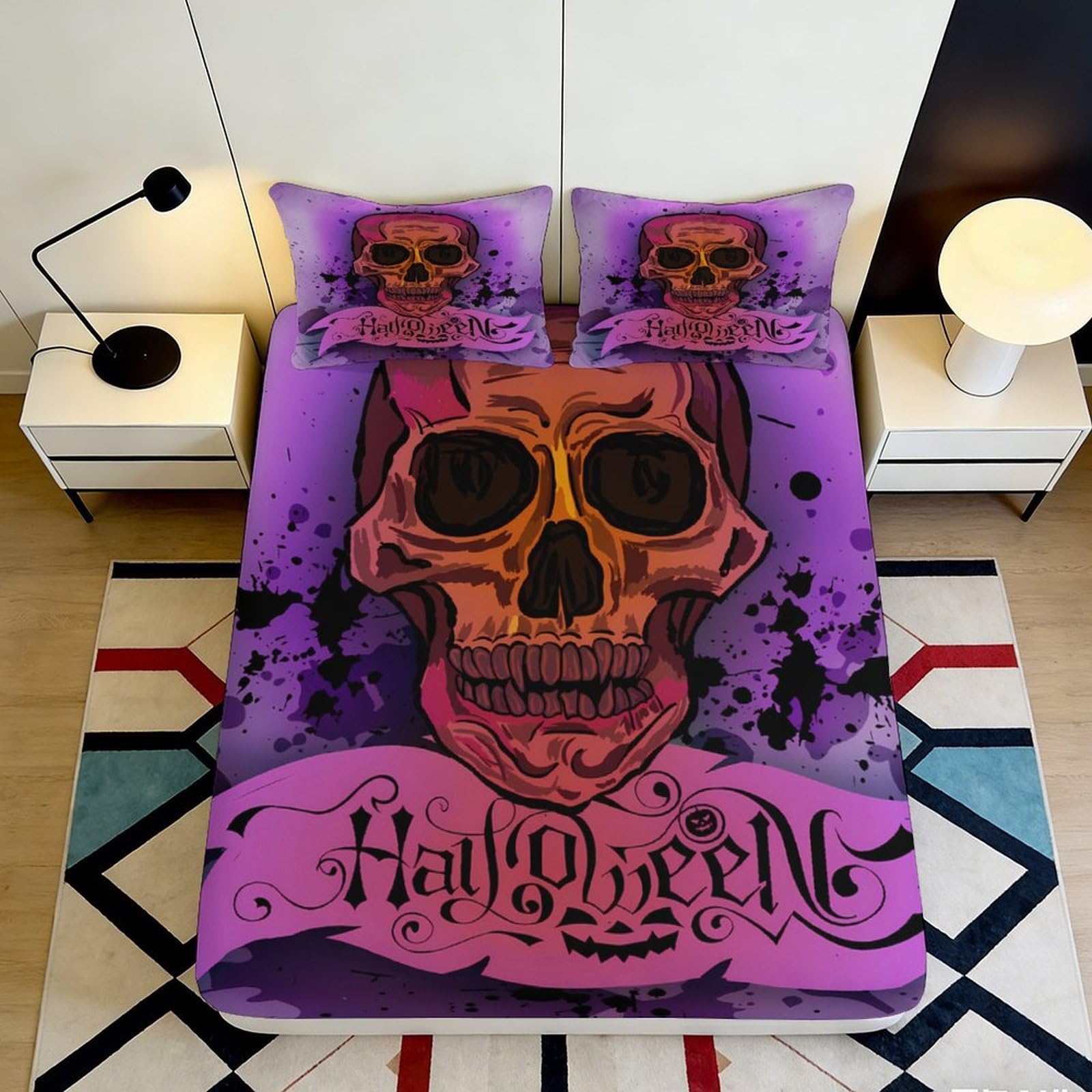 3D Printed Halloween Skull Fitted Sheet Microfiber Purple Bed Cover for Adult Teen Bedroom Dorm Decor Protective 180x200x25cm