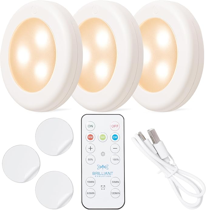 Brilliant Evolution Rechargeable Puck Lights - Dimmable LED Push Lights with Remote - Furniture Safe Adhesive Included - 3000K Warm White/6000K Cool White - 3.1x0.7 inch - Rechargeable - 3 Pack