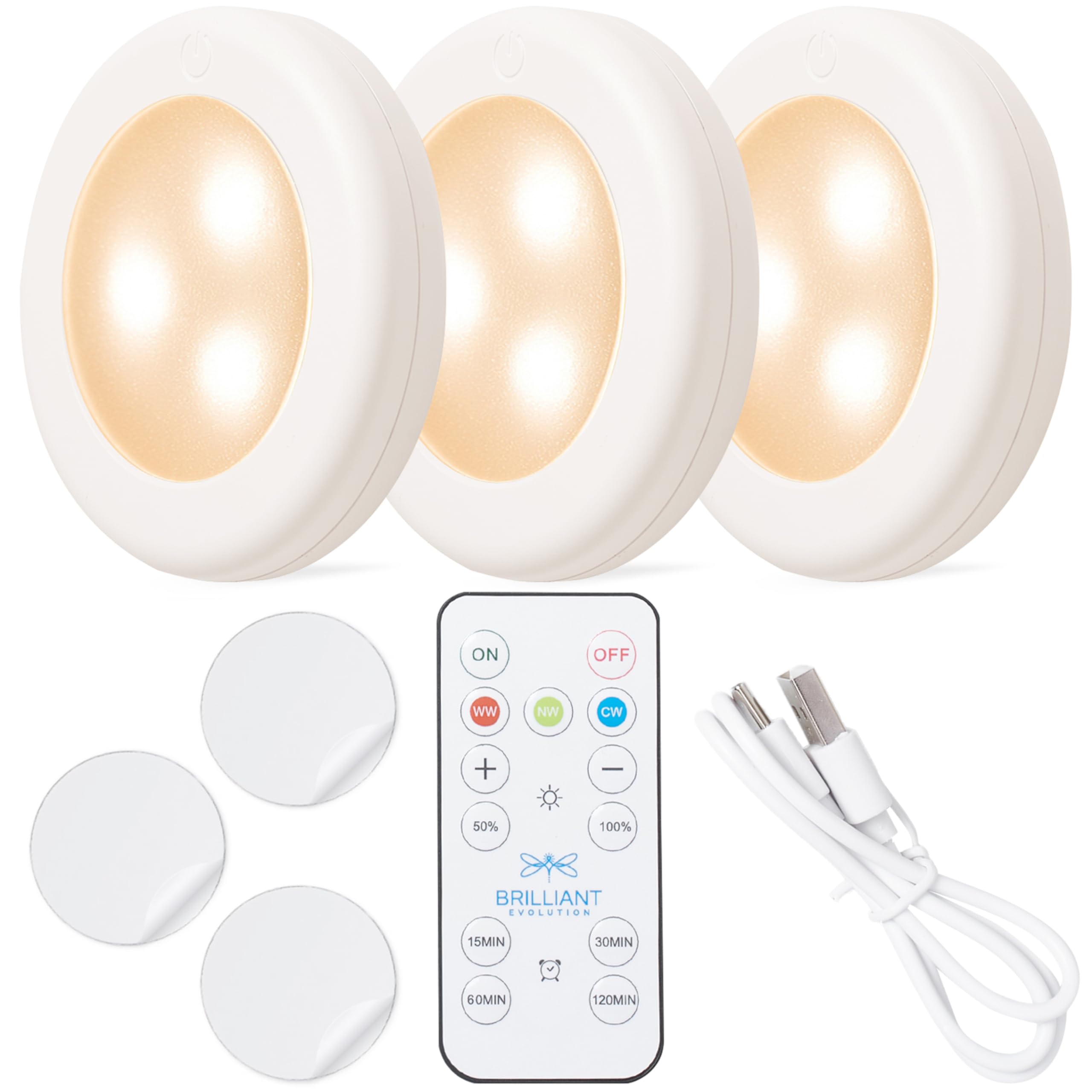 Brilliant Evolution Rechargeable Puck Lights - Dimmable LED Push Lights with Remote - Furniture Safe Adhesive Included - 3000K Warm White/6000K Cool White - 3.1x0.7 inch - Rechargeable - 3 Pack