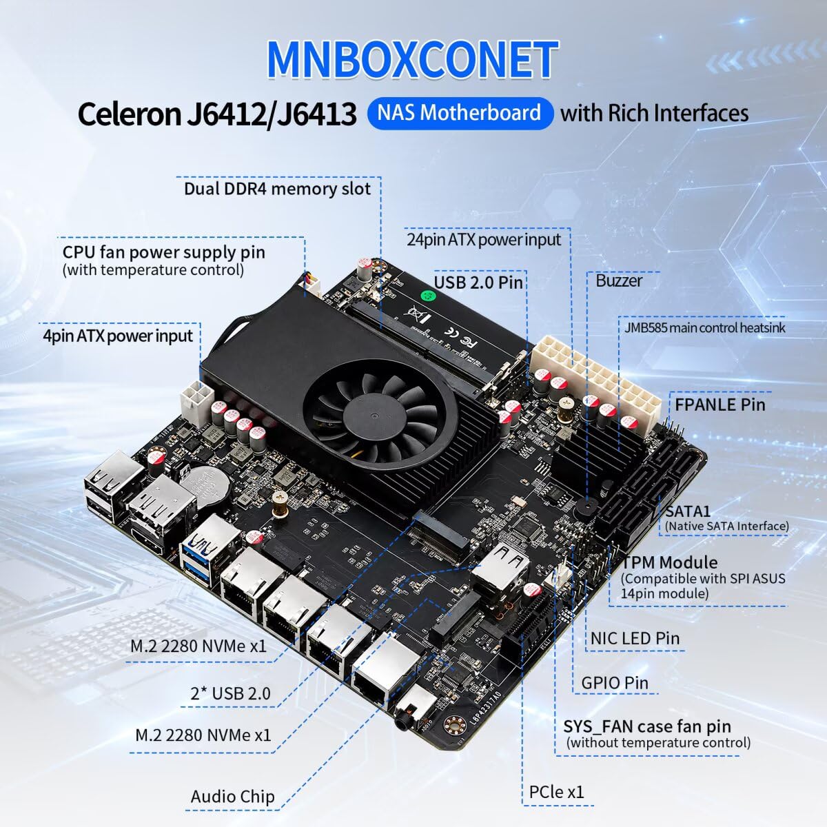 NAS Motherboard J6413 Processor Low Power, UHD Graphics, Firewall Mini-ITX NAS Board, 3 x 2.5GbE LAN, Dual M.2 2280 NVMe Slot, USB3.0, Barebone NO RAM NO SSD, Console