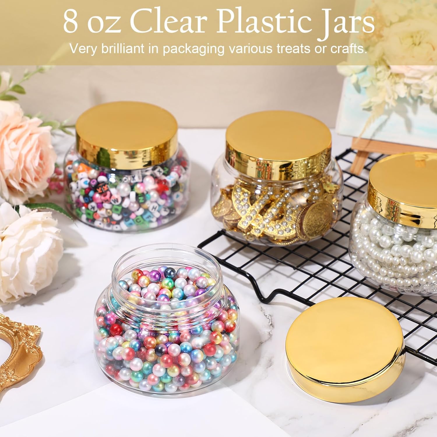 Mumufy Round Plastic Containers Plastic Jars with Lids Empty Travel Containers for Creams Refillable Cosmetic Jars for Lotions Body Scrub Body Butter(8 oz,Gold,Clear,24pcs)