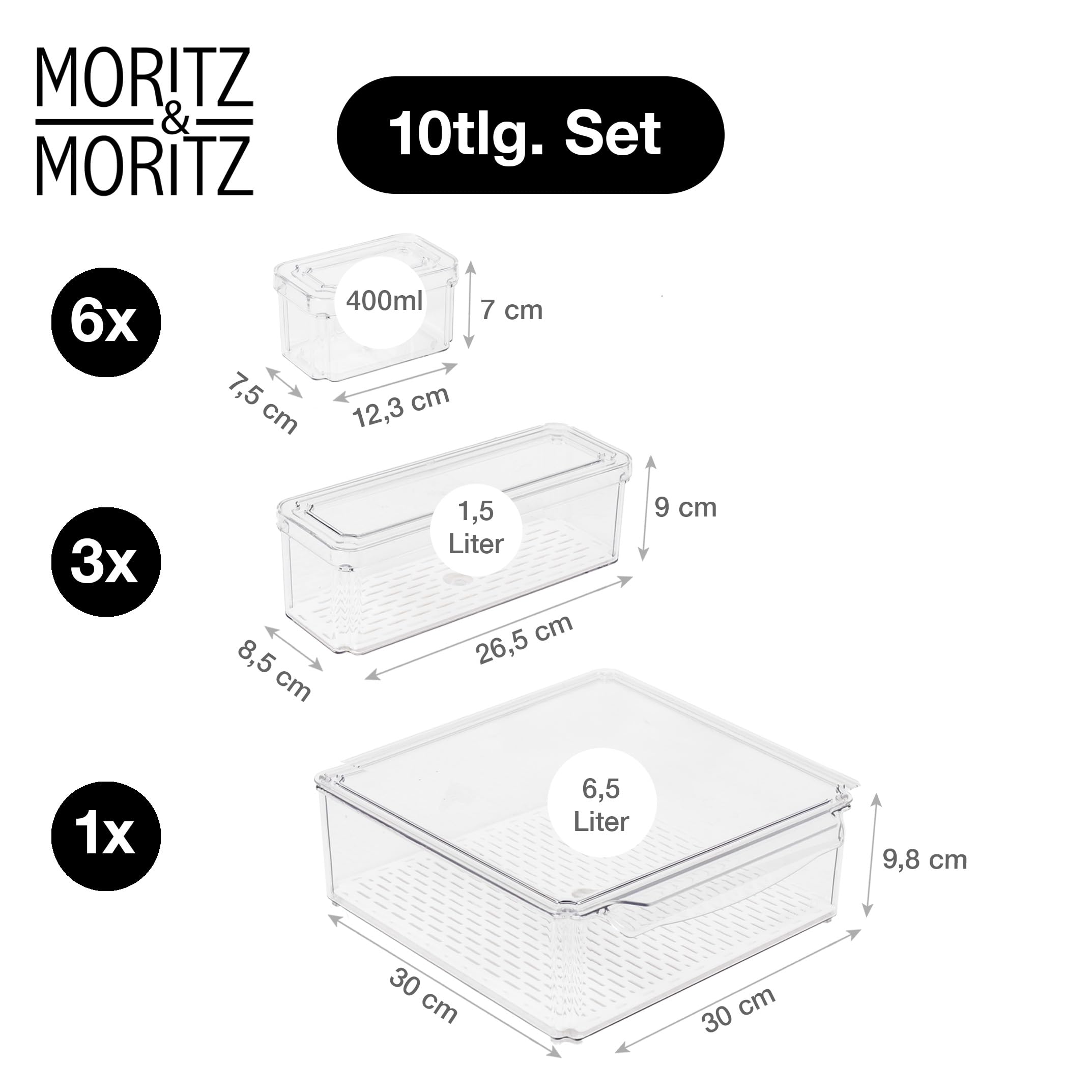 Moritz & Moritz 10er Pack Kühlschrank Organizer Set mit Deckel - Kühlschrank Boxen Stapelbar - Kühlschrankboxen Transparent - Robust - Aufbewahrungsboxen für Küche Vorratsschrank Schublade