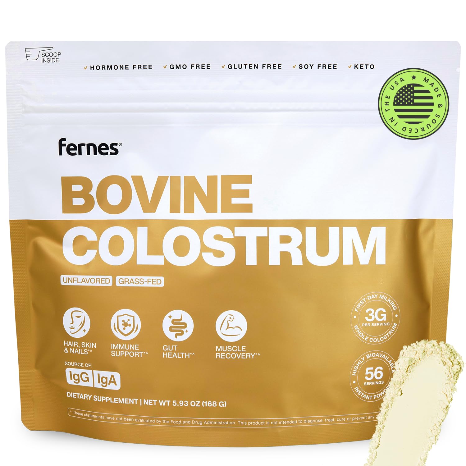 Fernes Grass Fed Whole Bovine Colostrum Powder for Women & Men – First Day Milking, Non GMO, Soy Free, Keto, Gluten Free – 56 Servings, 5.93 oz, Unflavored, Made in USA