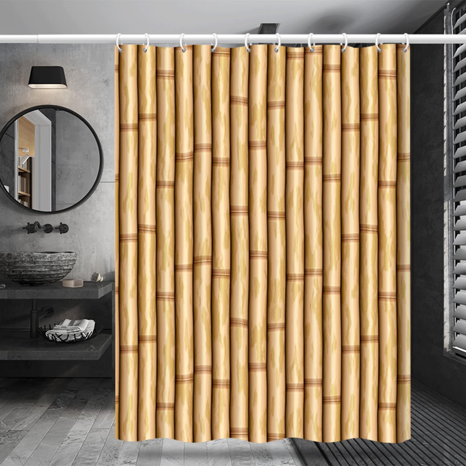 AMDXD Duschvorhang 180x200cm, Verwelkt Bambus Badewannenvorhang aus Polyester Stoff mit 12 Duschvorhangringen, für Badewanne Badezimmer, Waschbar, Schnelltrocknend, Anti-Schimmel, Braun 71X79″