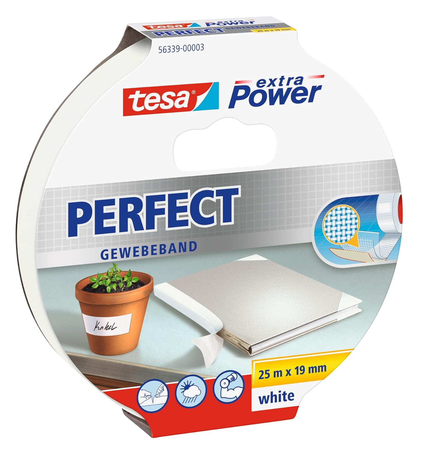 tesa Extra Power Perfect Cloth Tape - Fabric-Reinforced Repairing Tape for Crafting, Repairing, Fastening, Reinforcing and Labelling - White - 25 m x 19 mm