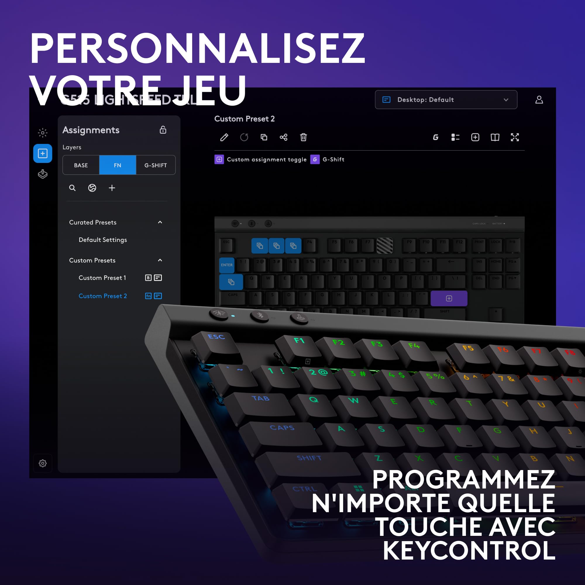 Logitech G G515 Lightspeed TKL profilé Clavier Gaming sans Fil, LIGHTSYNC RVB, Profil utra-Plat sans pavé numérique, Touches en PBT, Contacts mécaniques linéaires, Clavier Français AZERTY - Noir