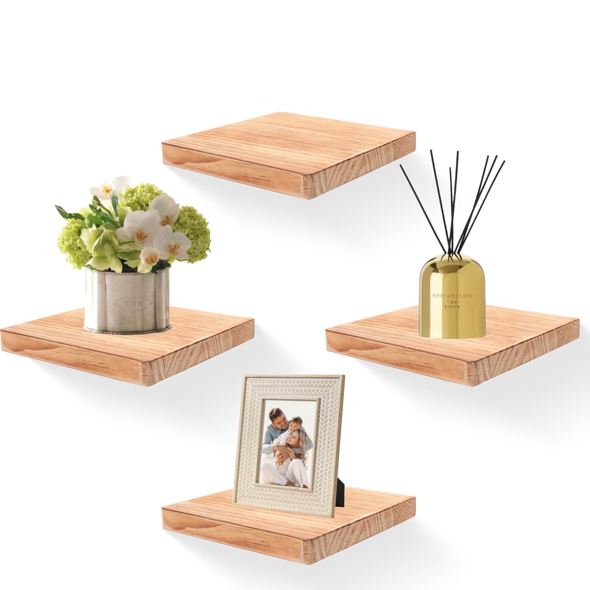 PHOENANCEE 20X20cm Wooden Square Floating Shelves, Compact Style Mini Wall Shelf for Small Objects, Hanging Wall Shelf Decoration for Bedroom, Living Room, Set of 4(Carbonized Black) โ image 1