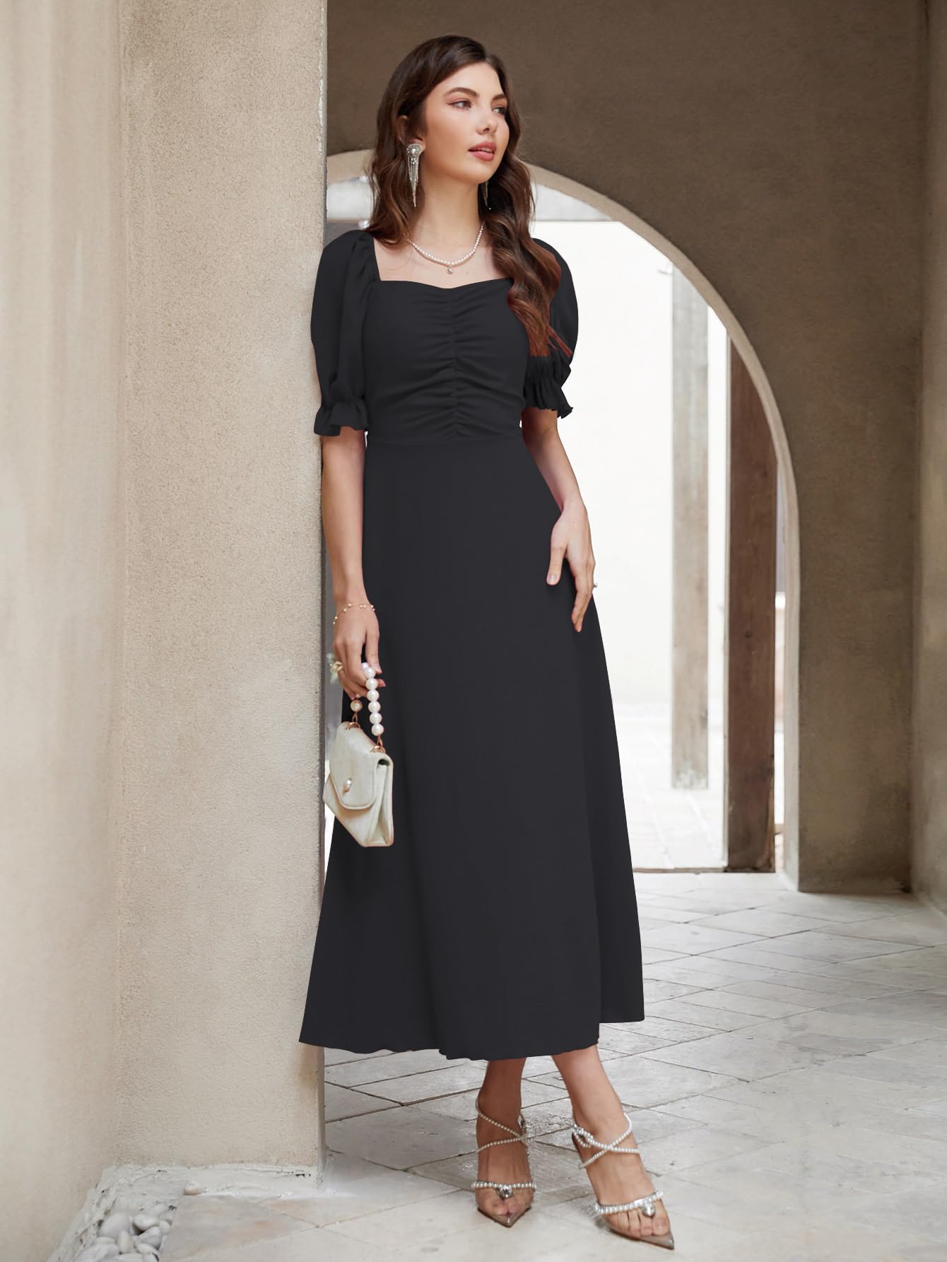 Shasmi Girl's & Women's Solid Black A-Line Ruched Puff Sleeve Maxi Long Evening One Piece Long Dress for Women Stylish (Dress 131 Black-S) - Image 4 thumbnail