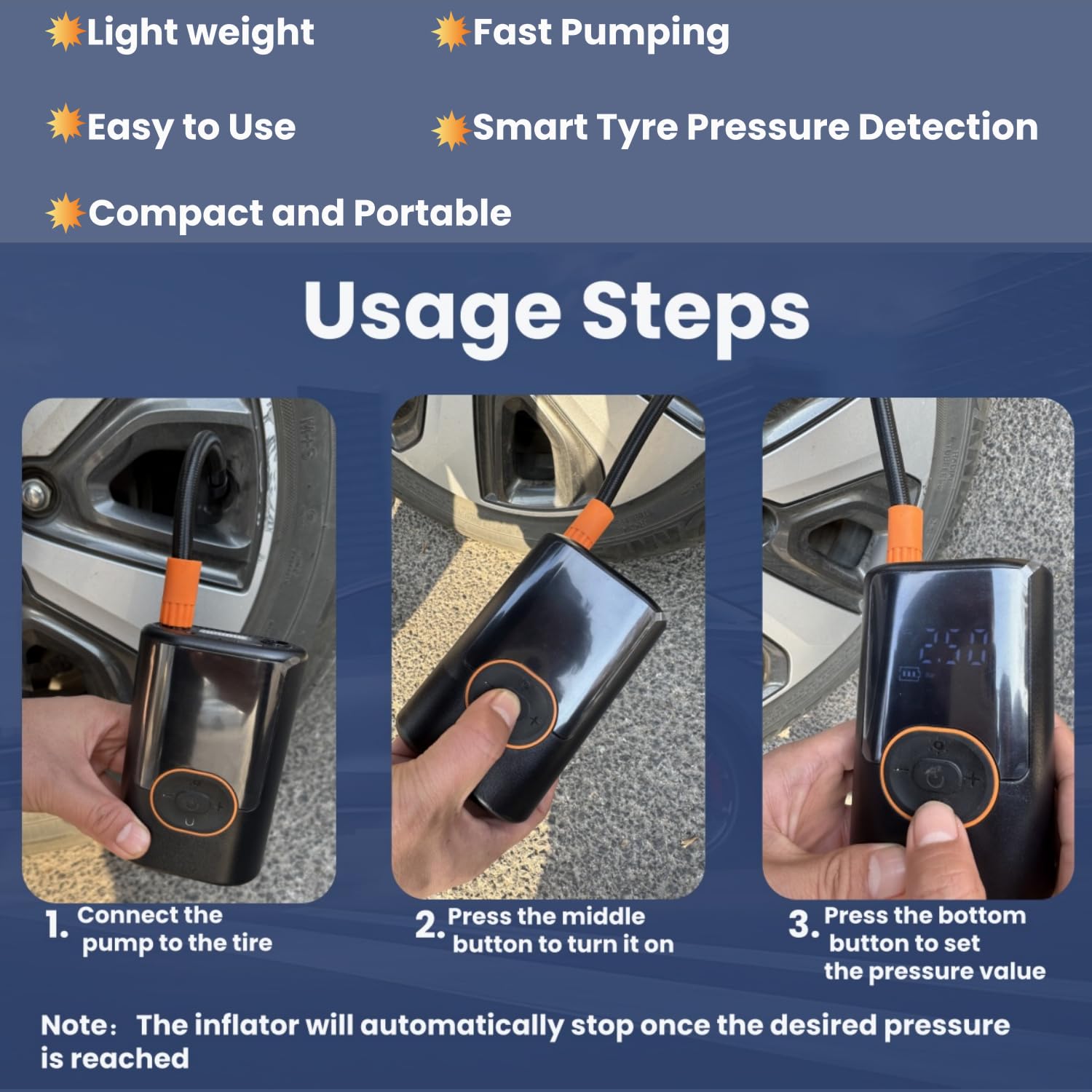Compresseur d'air portable avec gonfleur de pneu de 150 PSI et manomètre intégré - Affichage numérique de la pression des pneus - Pompe à air pour véhicules, motos, pneus de vélo et équipements de