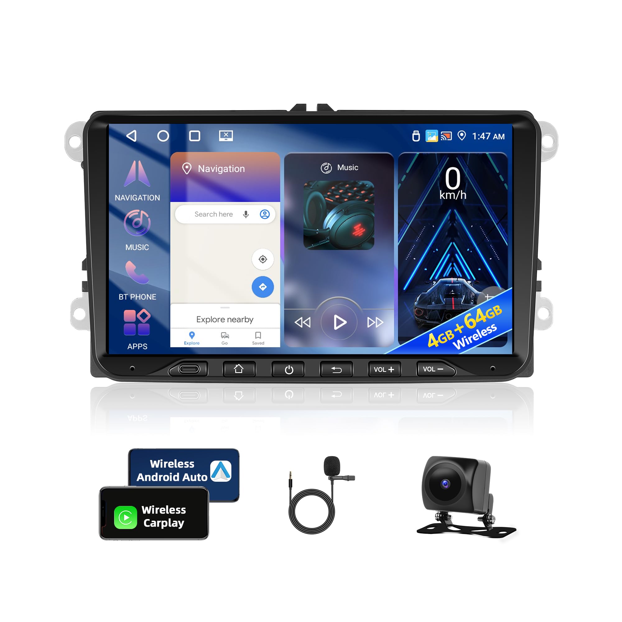4+64G Autoradio con Carplay per VW Passat Golf MK5 MK6 JETTA POLO Touran Sedile Sharan, 9" Stereo Bluetooth con Navigazione GPS/Collegamento a Specchio/WiFi/RDS/Hi-Fi+Telecamera