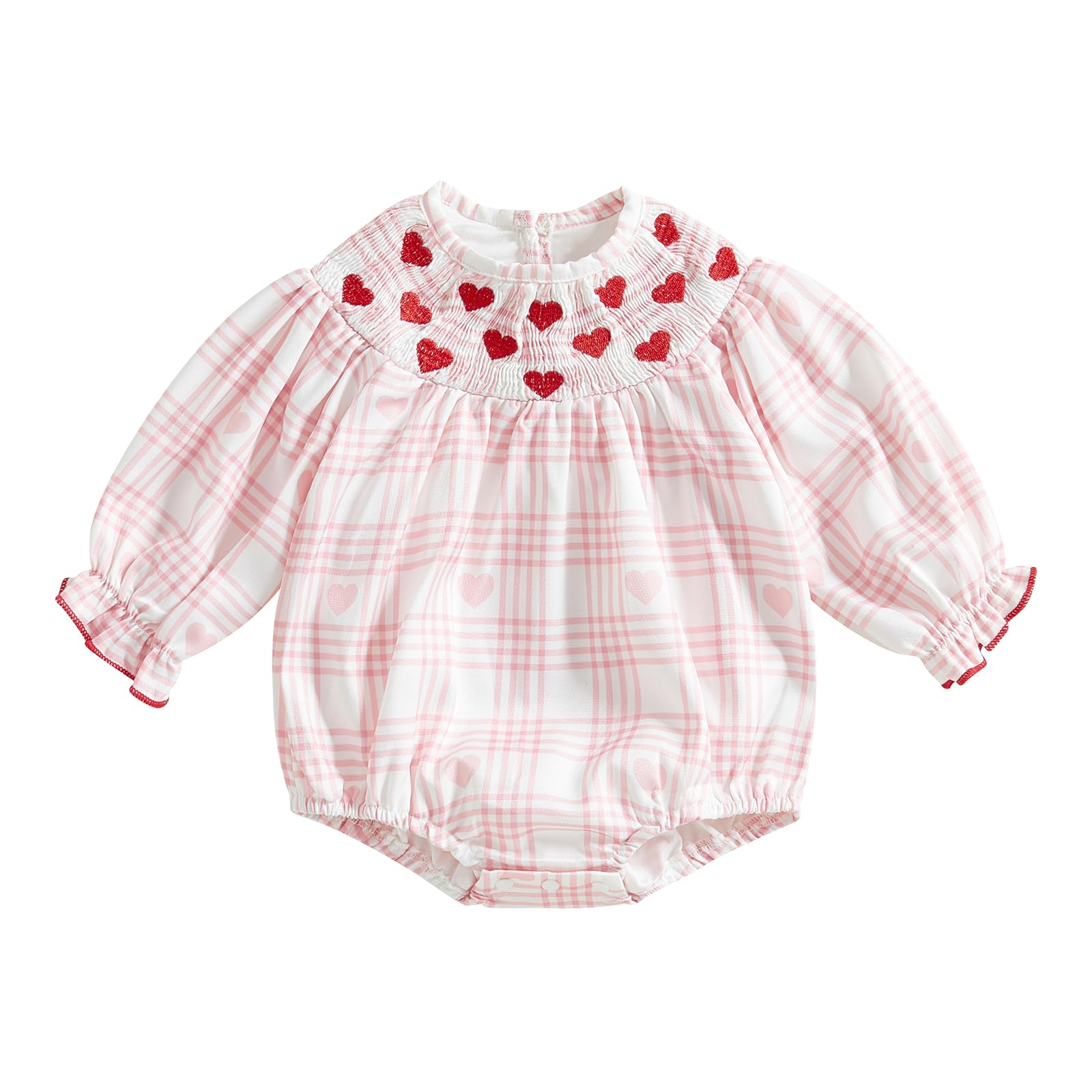 Ayalinggo Newborn Smocked Baby Girl Outfit Hearts Plaid Long Sleeve Bubble Romper Bodysuit Infant Cute Valentines Day Clothes (Pink Plaid, 6-12 Months)