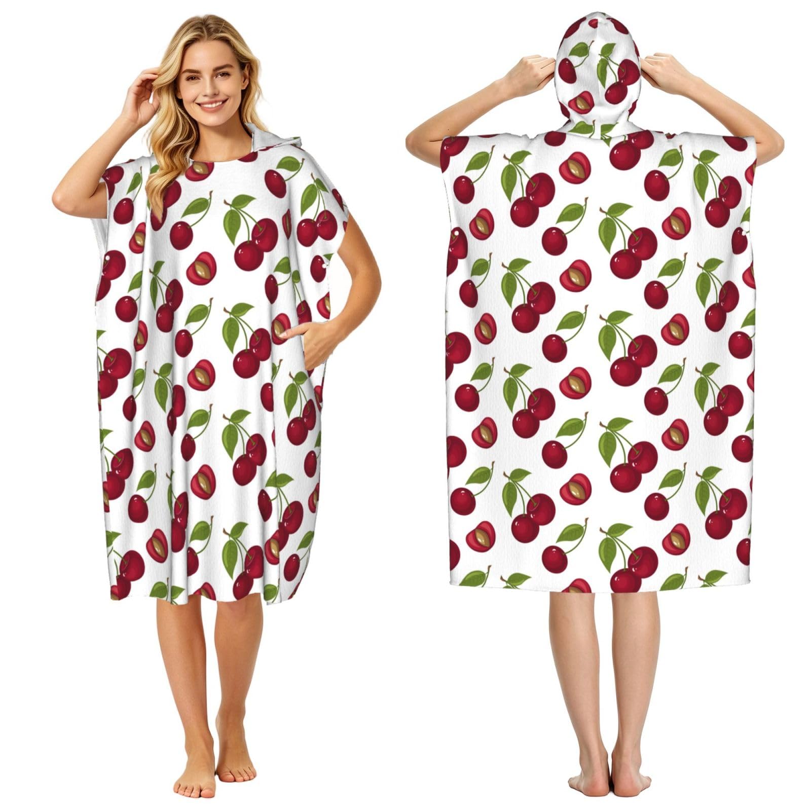 Poadnly Cherry, Adult Hooded Beach Towel 90 x 110 cm,Changing Bath Robe, Surf Poncho Towel For Women Men