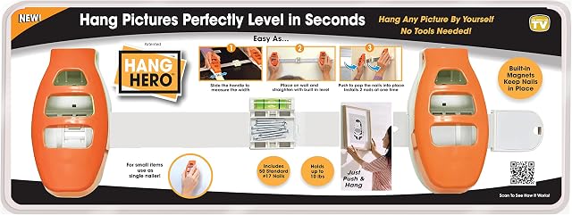Hang Hero - All in One Picture Hanging System! Measures Frame, Levels and Inserts Nails at The Perfect Depth and Angle. Includes Hang Hero Unit and (50) #17 Brad Nails!