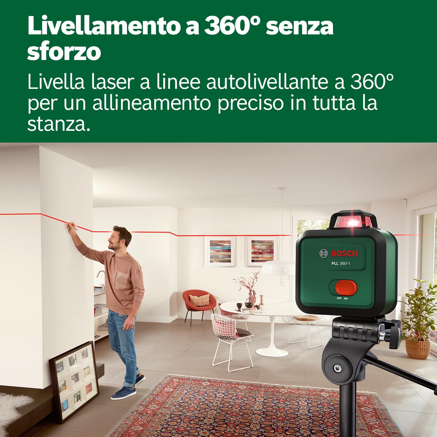 Bosch Livella laser PLL 360-1 (livella laser autolivellante a 360°, precisione ±0,4 mm/m, raggio d'azione 12 m, funzione di inclinazione, in confezione di cartone)