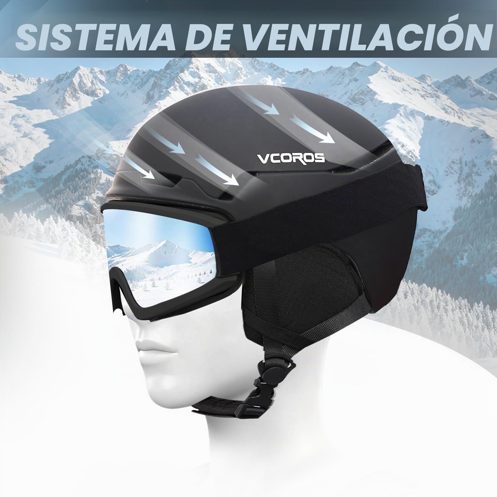 VCOROS Casco de Esquí Kit con Gafas de Esquí Capucha DXH816 para Esquí | Casco de Snowboard mit Orejeras Extraíbles para Hombre Mujer Talla Ajustable Transpirable UV Sistema de Ventilac