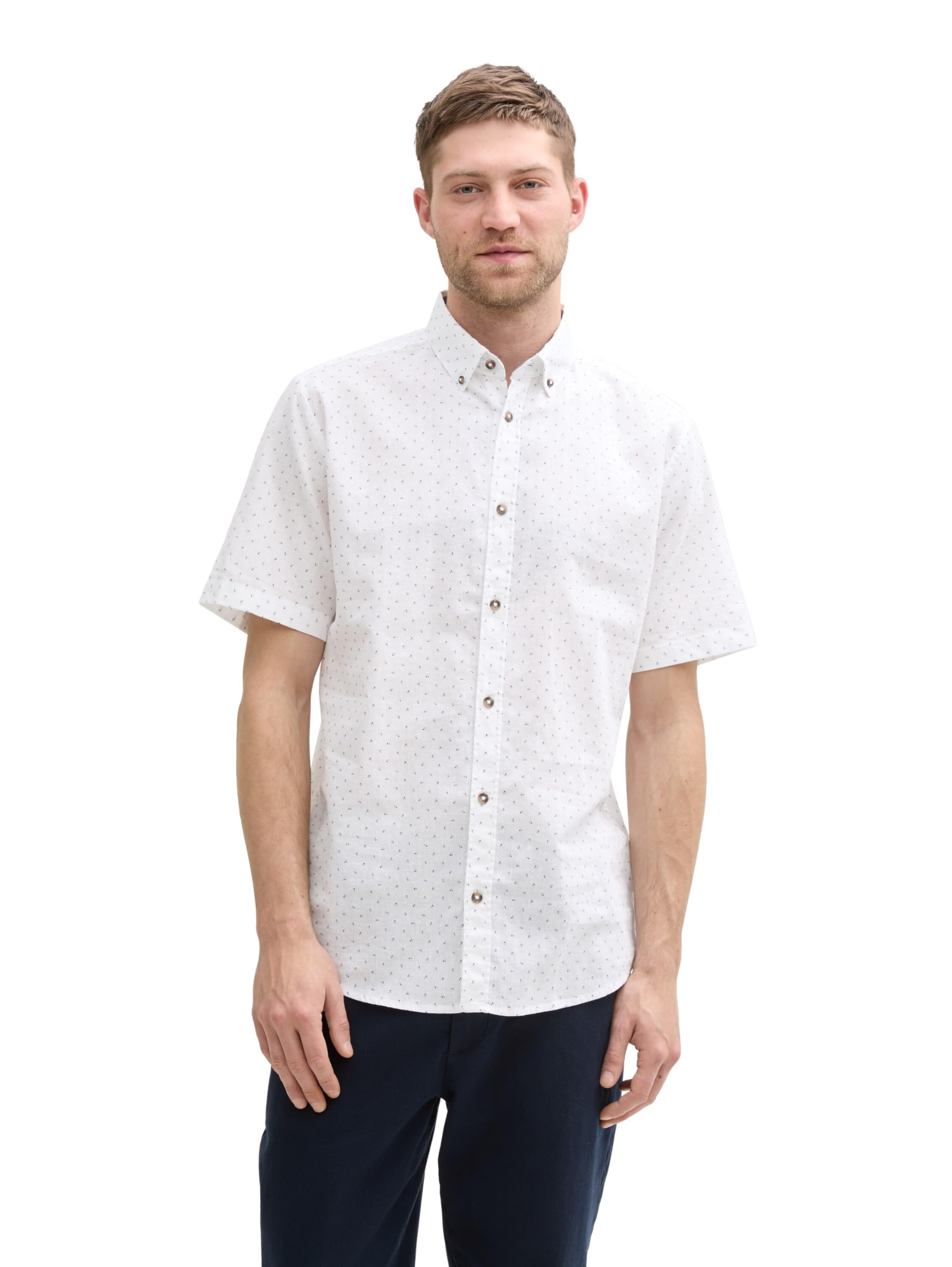 TOM TAILOR Men's Regular Fit Short Sleeve Shirt with Linen Content in Polka Dot Pattern