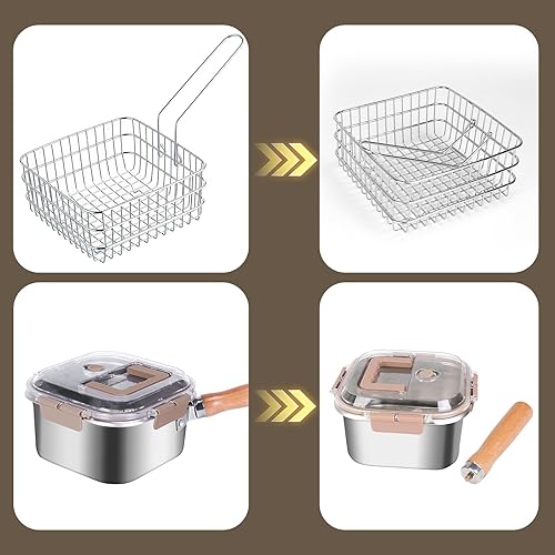 Miniatura 8 de Olla pequeña con cesta, ollas pequeñas multifunción para cocinar, cocina cuadrada de acero inoxidable para 1 a 2 personas, funciona en estufa de gas