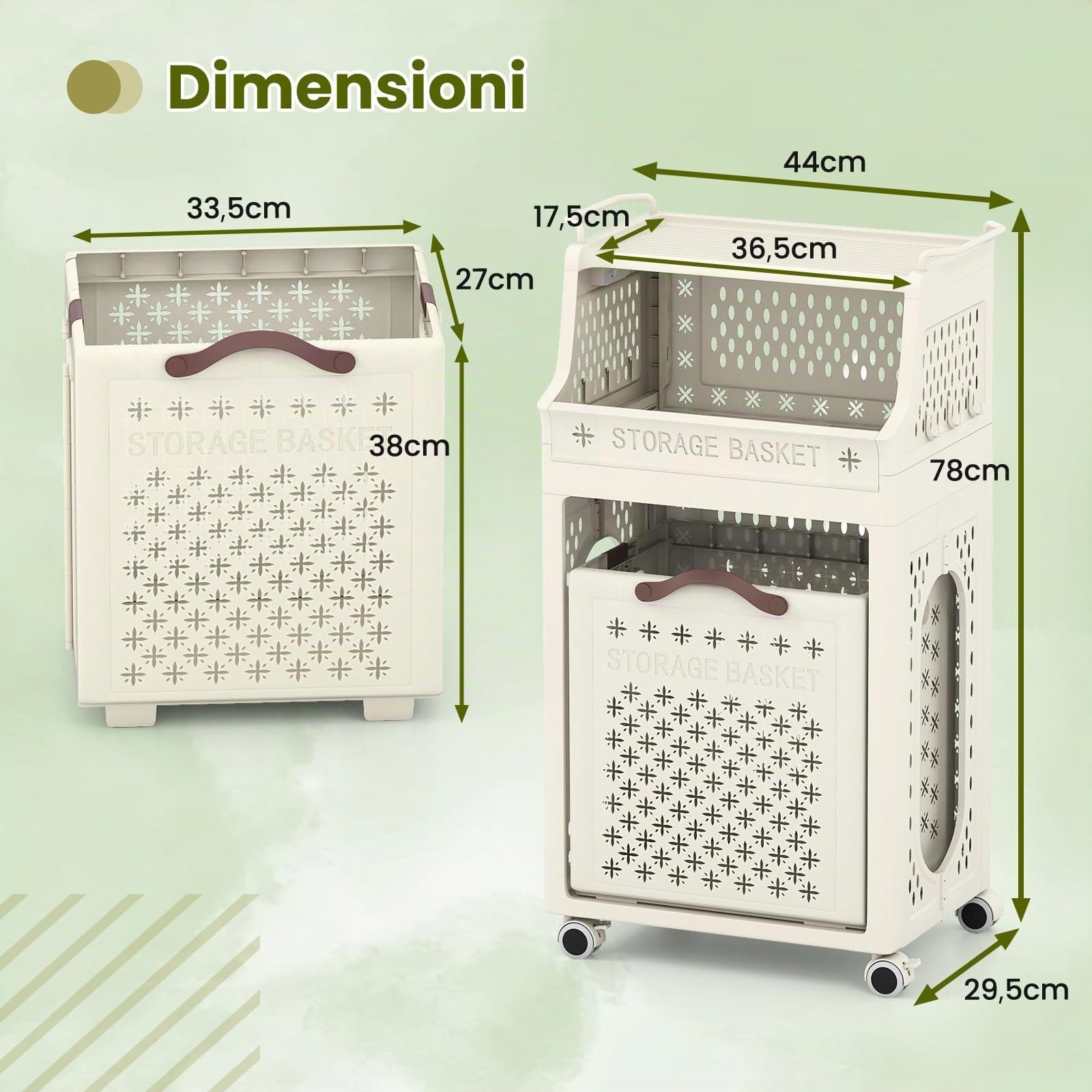 COSTWAY Cesto Portabiancheria Pieghevole con Ruote | Carrello Organizzatore per Bagno con Contenitore di Stoccaggio e Ganci, in Plastica a Più Strati
