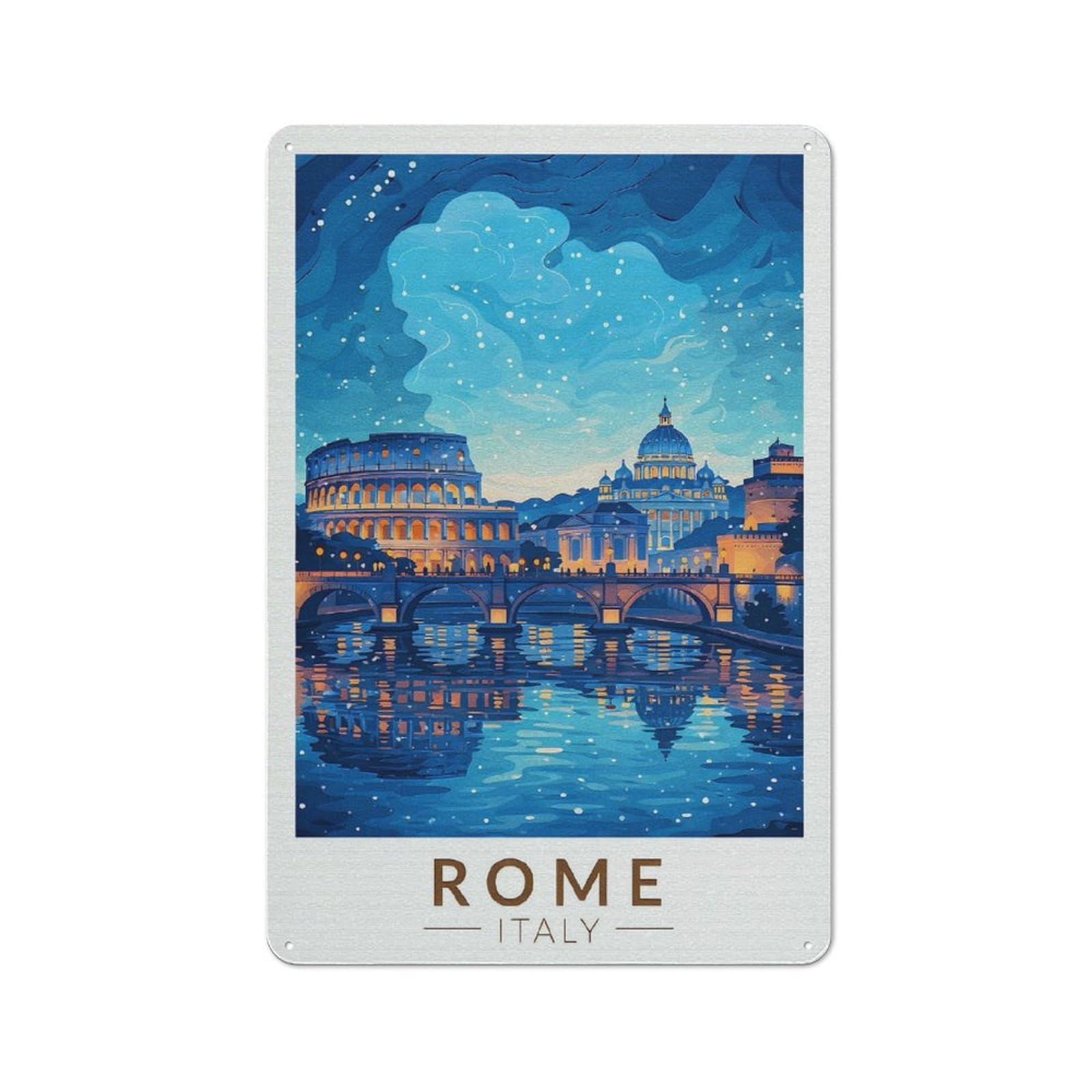 Junmoney Style-7 Tin Sign 30X20cm With Rome Cityscape At Night For Hallway Wall, Rustic Decor, For Vintage Wall Decor Fans, For Garage And Workshop Walls