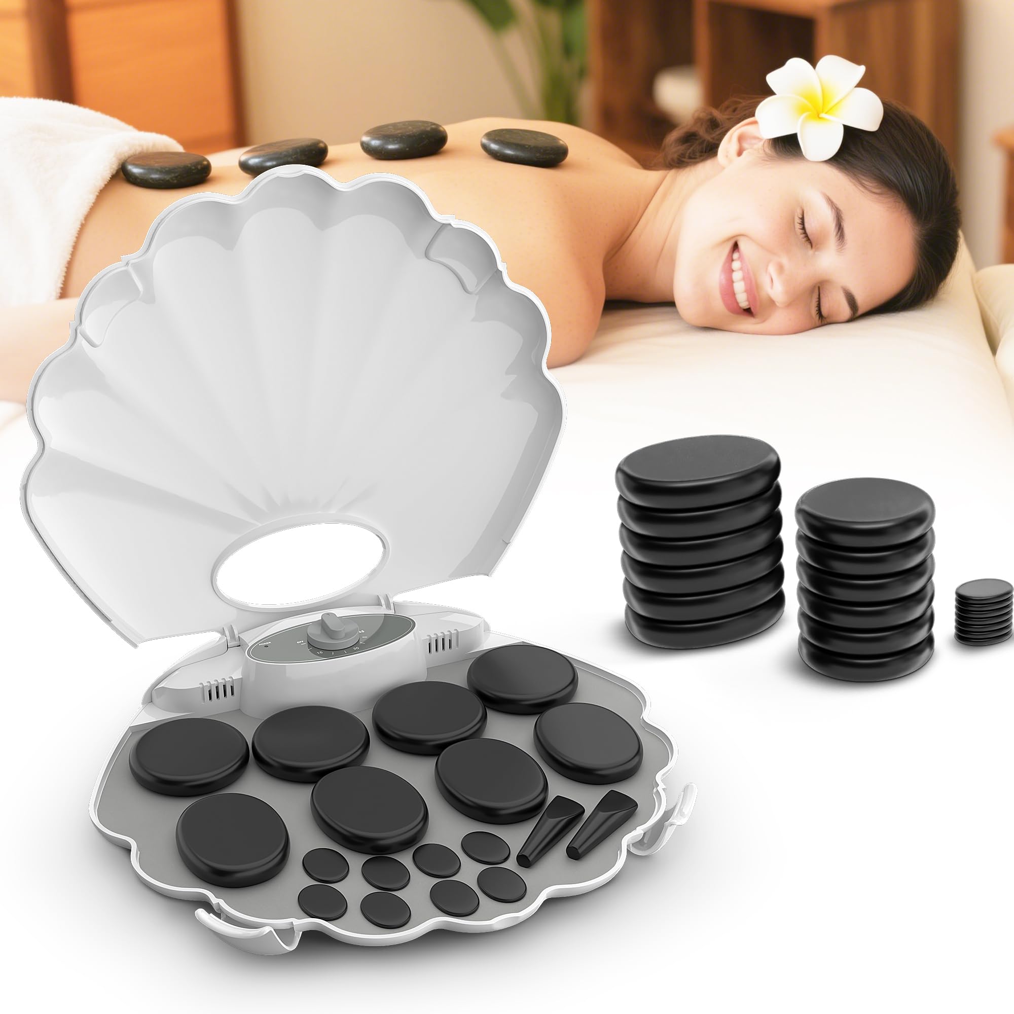 StateRiver Shell Hot Stones Massage Set, 18-Piece Basalt Hot Stones with Heater Kit, Featuring an Elegant Seashell Design for Spa Use. Perfect for