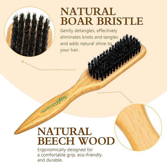 Boar Bristle Slick Back Hair Brush for Smooth Flyaways, Frizz, Sleek Ponytail, Buns and Edge Baby Hair, Teasing | Hair Comb, Edge Brush, Teasing Brush Rat Tail Comb for Girls, Kids, Women & Men