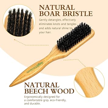 Boar Bristle Slick Back Hair Brush for Smooth Flyaways, Frizz, Sleek Ponytail, Buns and Edge Baby Hair, Teasing | Hair Comb, Edge Brush, Teasing Brush Rat Tail Comb for Girls, Kids, Women & Men