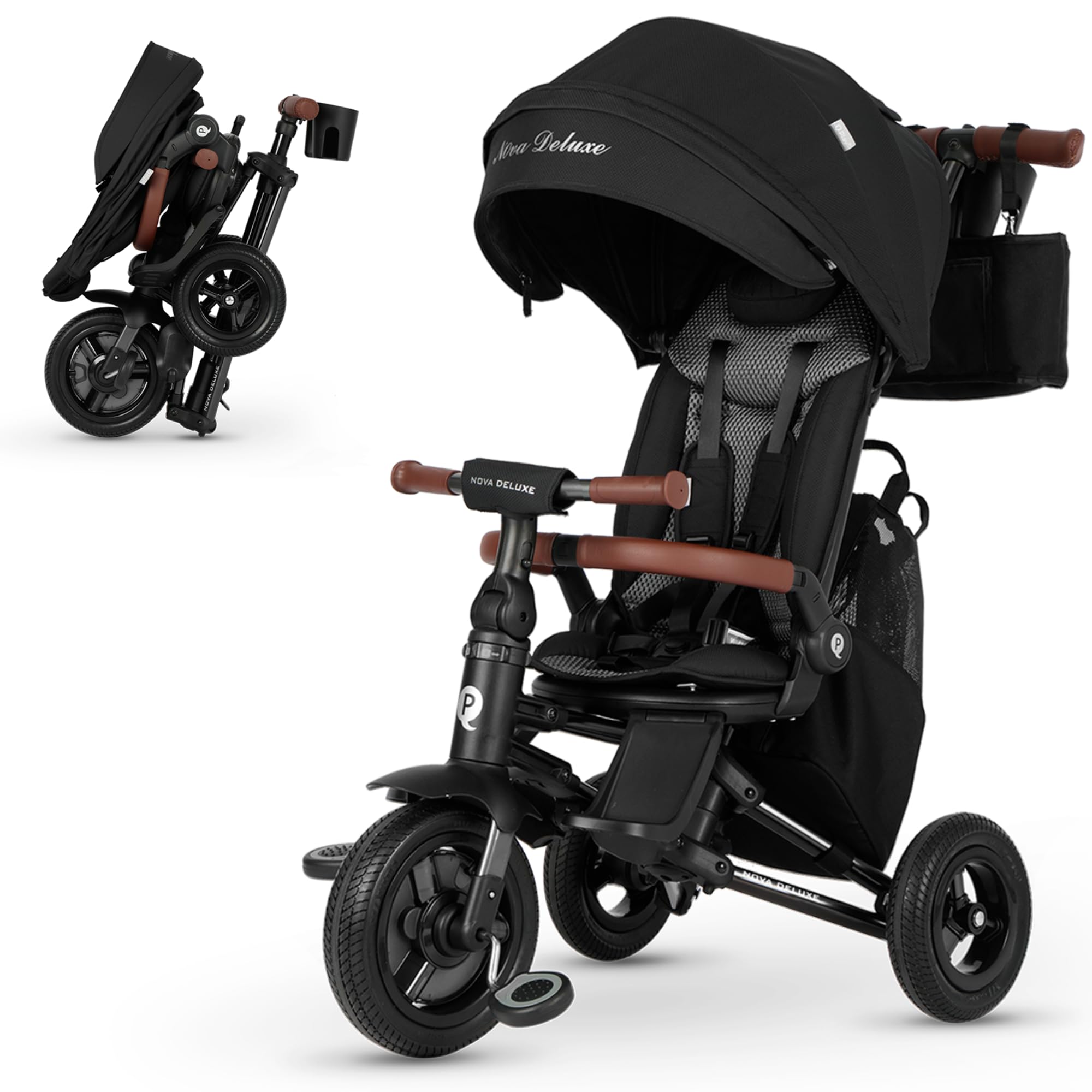 QPlay Carrito Evolutivo Nova Deluxe, con Asiento Giratorio, Plegado Compacto, Capota Ajustable, Cuero Hecho a Mano, Reposapiés y Frenos - Para Niños de 10 a 36 Meses (Negro)