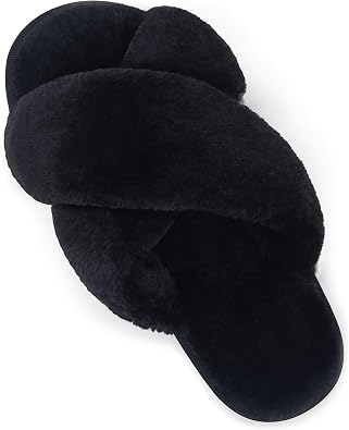 Womens 801 Cross Band Slippers, Soft Plush Furry Open Toe Fur Slides, Fuzzy Fluffy Slip on House Shoes Indoor Outdoor Slippers