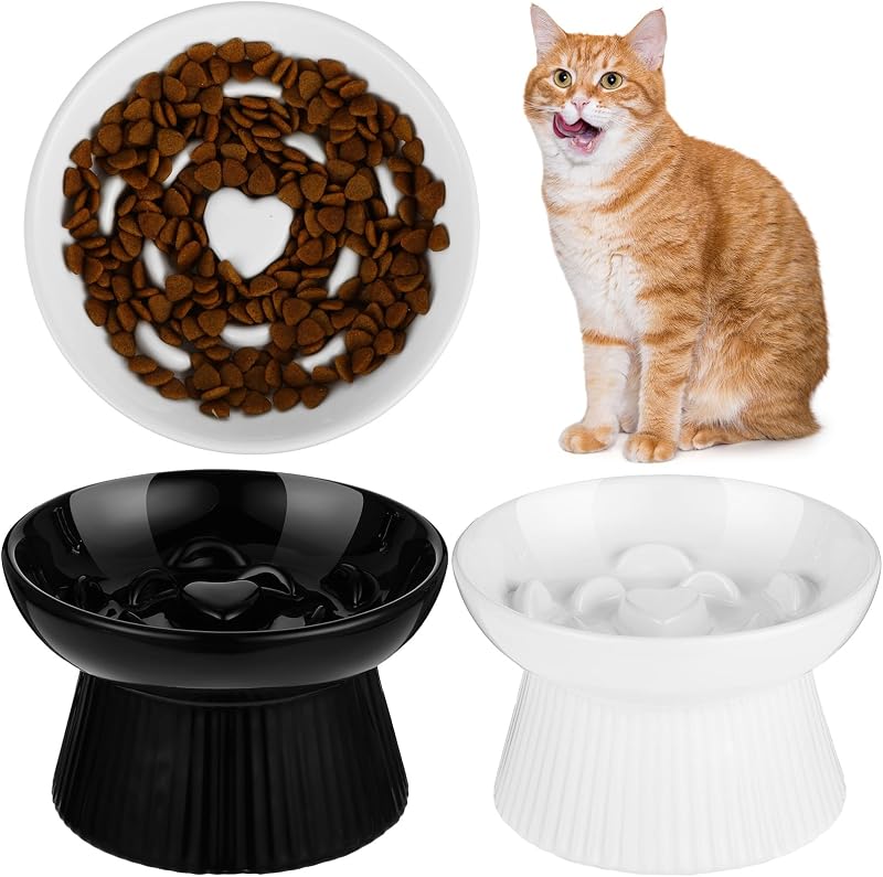 Comedouro lento elevado de cerâmica para gatos Tioncy, preto e branco, pacote com 2