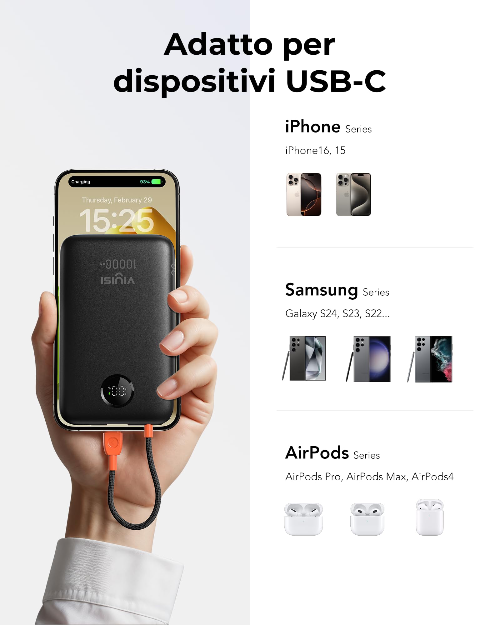 VIYISI Powerbank 10000mAh, Caricabatterie Portatile 22,5W, Batteria Esterna Ultracompatta con Cavo USB-C Integrato, Display LED, per iPhone 16/15, iPad, Samsung Galaxy S24 S23, Huawei - Nero