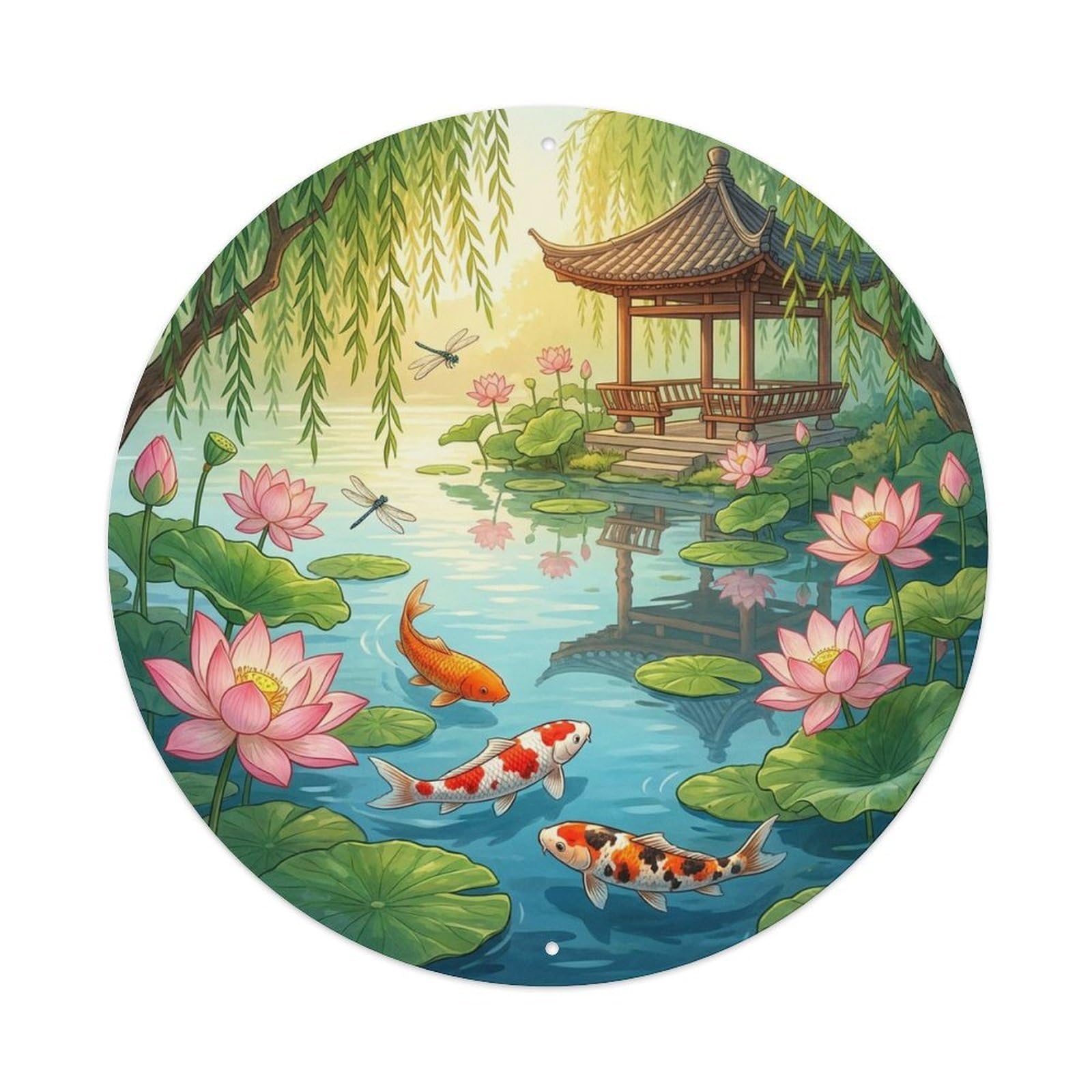 Olyhtr 8X8inch Classic Style Water Lily Koi Pond Garden Summer Reflection Metal Tin Sign