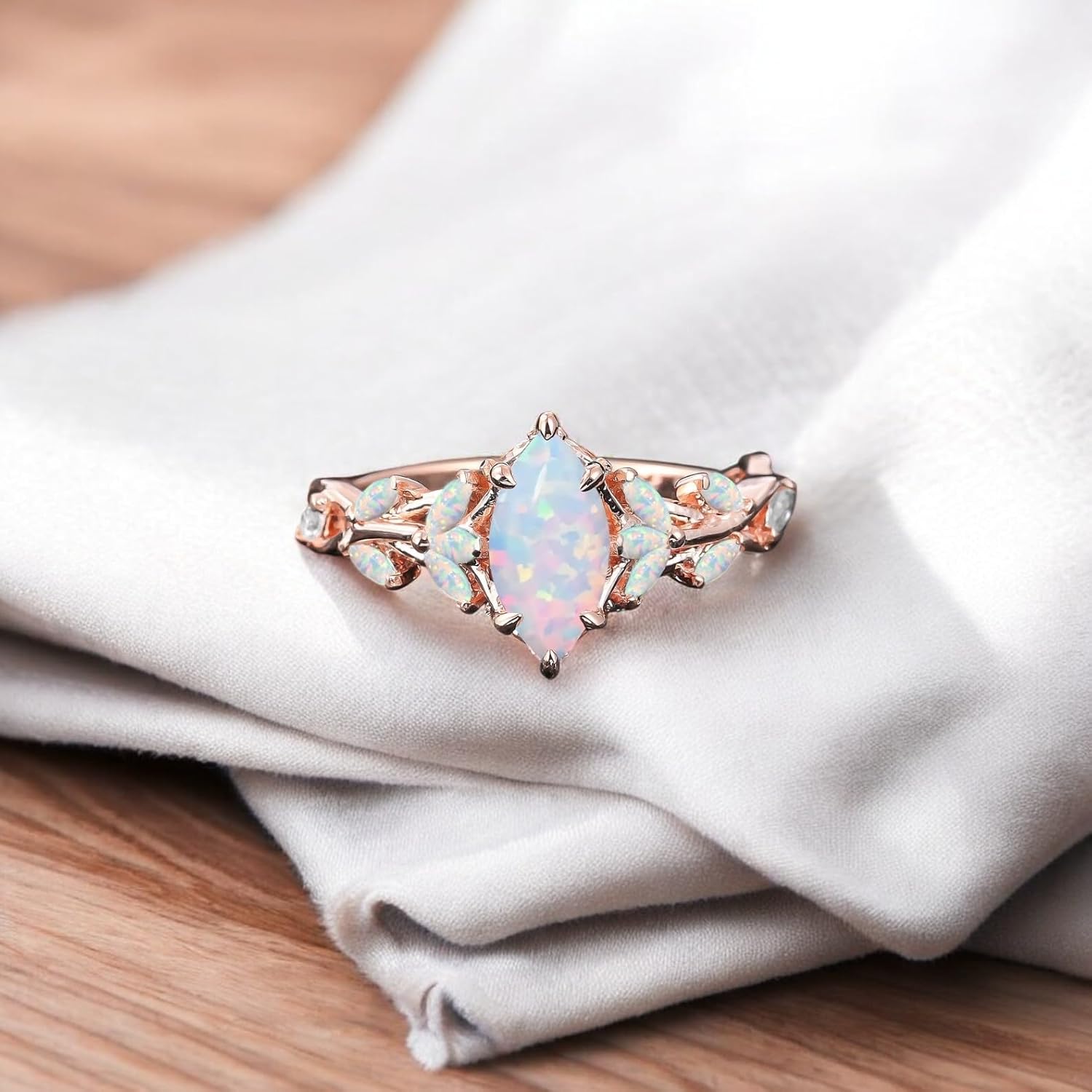 Vintage Marquise Cut Fire Opal Engagement Ring Rose Gold Nature-Inspired Cluster Art Deco Leaf Design Promise Ring Unique Handcrafted Women's Jewelry Gift for Valentine Birthday Gift