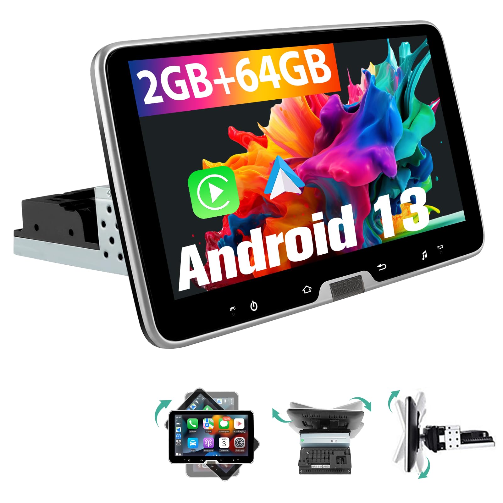 Junsun Android 13 Radio Coche 1 DIN, 10" Pantalla Táctil Giratoria con CarPlay, GPS, Bluetooth/29UI con Botón Deslizante