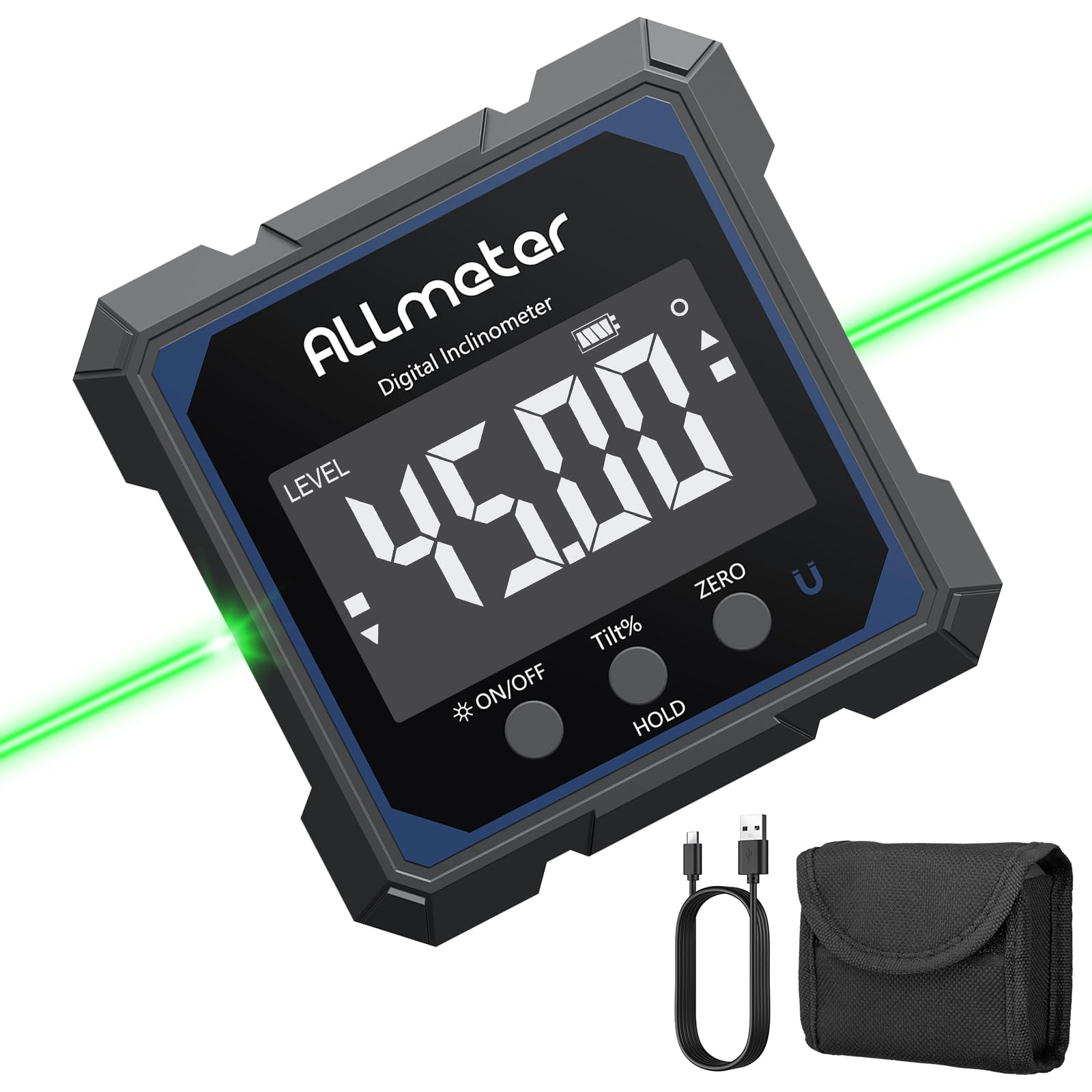 4 * 90° Niveau Electronique Rechargeable Inclinomètre Numérique avec Fonction Laser Vert Étanche IP54 Écran LCD et 4 Faces Magnétique Pour Travail du Bois Bricoleur Automobile