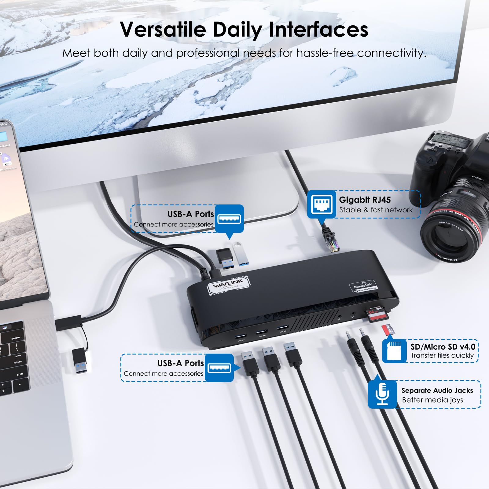WAVLINK Station d'accueil pour Deux écrans 5K, Docking Station avec PD 100W, 2x4K HDMI, 2x4K/5K DP, 5 Ports USB, SD/TF, Ethernet,Audio, Station d'accueil USB C pour MacBook Neo,Mac M1/M2/M3/M4/Windows
