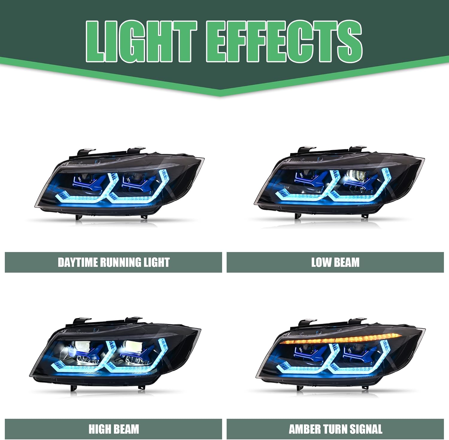 LETSLATE Headlights Compatible with Bimmer 3 Series E90 E91 LCI 2009-2012, Front Lamps w/Sequential Turn Signal w/Multicolor Halo DRL, Only Fit OE Halogen