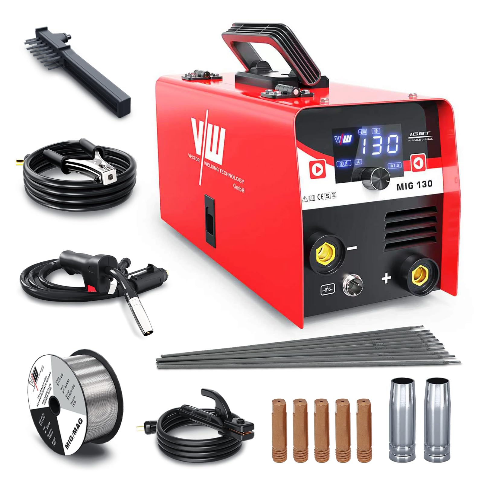 VECTOR WELDING Fülldraht Schweißgerät Set 130A, Inverter Schweißmaschine | 3-in-1 IGBT Elektroden Schweißgerät Flux MIG/MMA/Lift WIG mit Digital Display, Anti-Stick, Leicht Tragbar für Autoreparatur