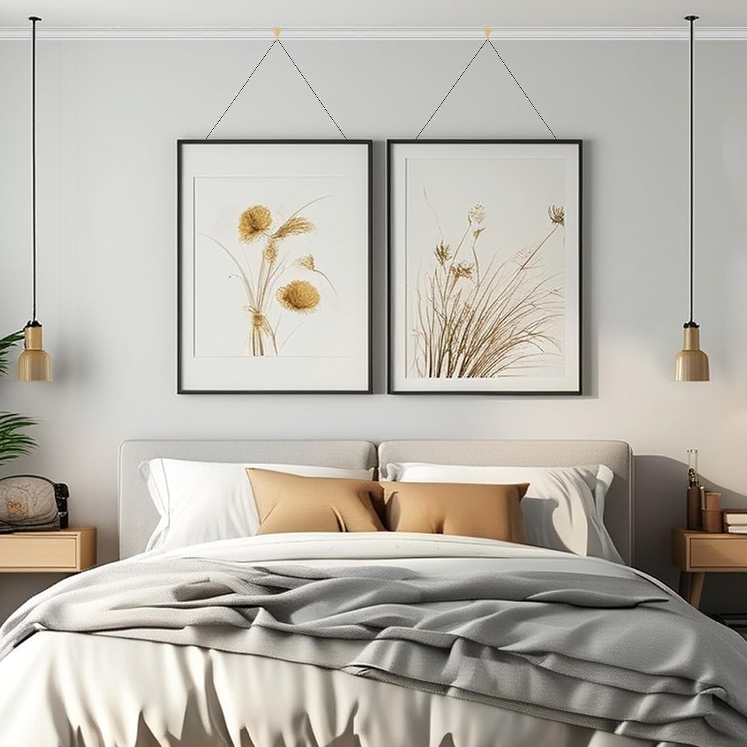 Picture Hanging Kit, 13 Brass Plated Hooks with 3 Rolls 3M Hanging Wires Picture Display Hanging System Accessories for Wall Picture, Exhibition(Black+Gold)