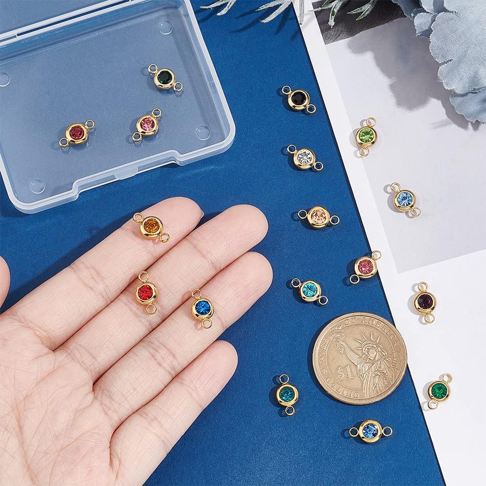 UNICRAFTALE 304 Stainless Steel Golden Rhinestone Connector Charm Flat Round Links Charms Double Loop Ring Charm Necklace Bracket Charms for Jewellery Making