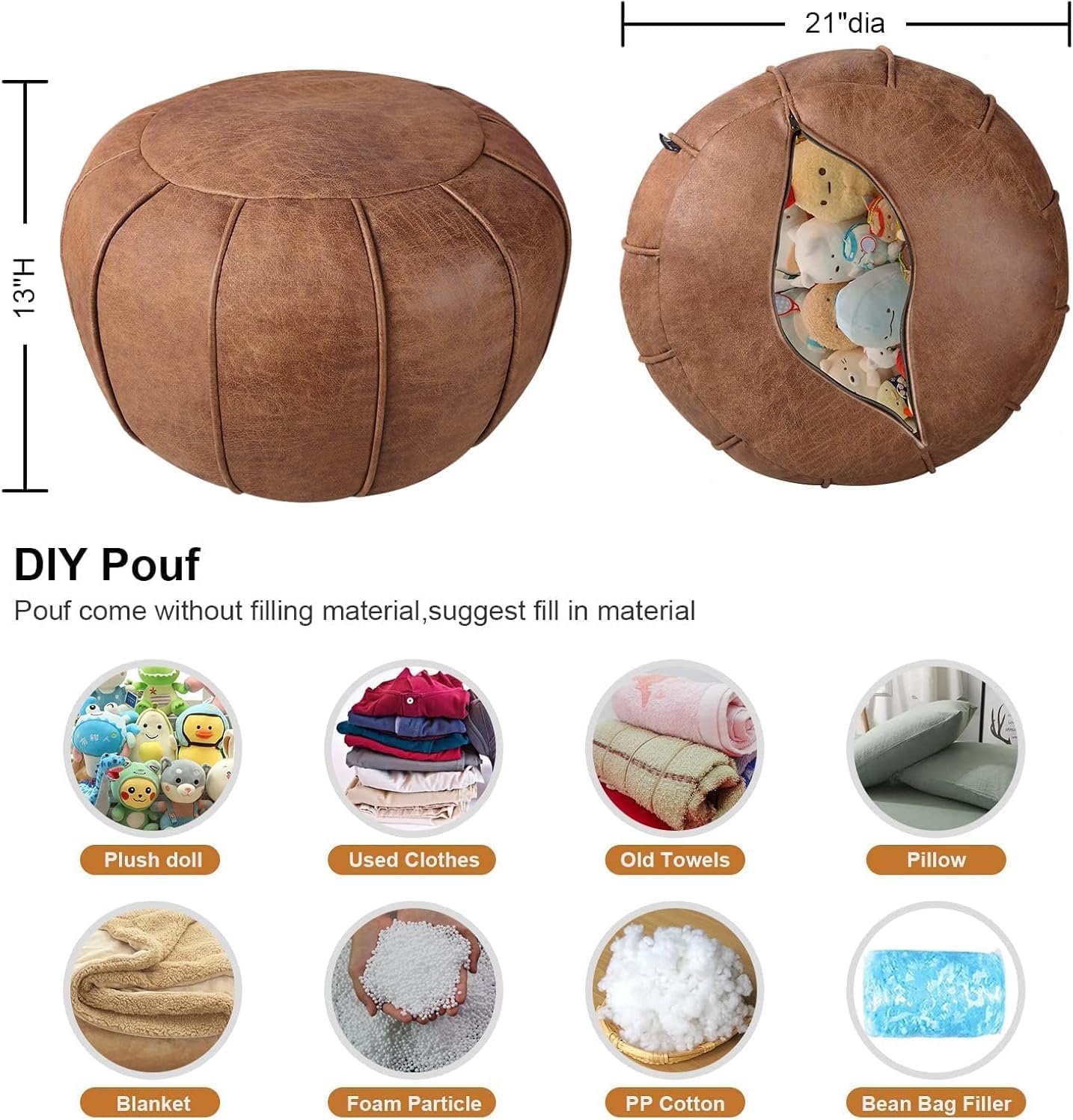 Louis Donné Unstuffed Pouf Ottoman Handmade Moroccan Storage Footstool Seat Round Home Decoration Pouf Cover Multi Functional Bean Bag Floor Chair for Living Room, Office, Bedroom, Balcony Decor