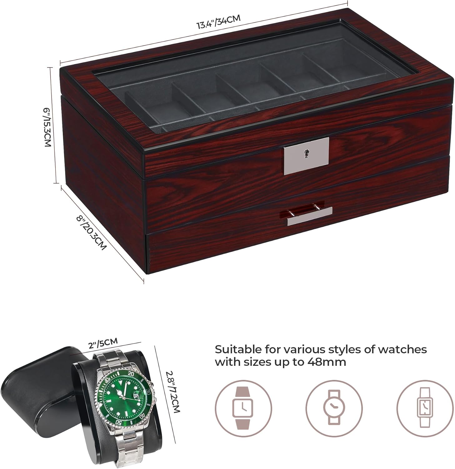 ANWBROAD 12 Slot Watch Cases for Men, Watch Box with Large Lid Jewelry Box with Watch Storage 2-Tier Paint Surface, Watch Holder Organizer for Men Lockable Watch Display Case UJWB001Y - Image 3