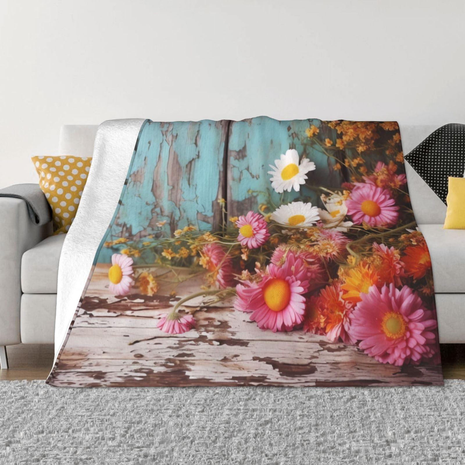 Couverture polaire flanelle douce légère couverture canapé motif floral champêtre 127x101