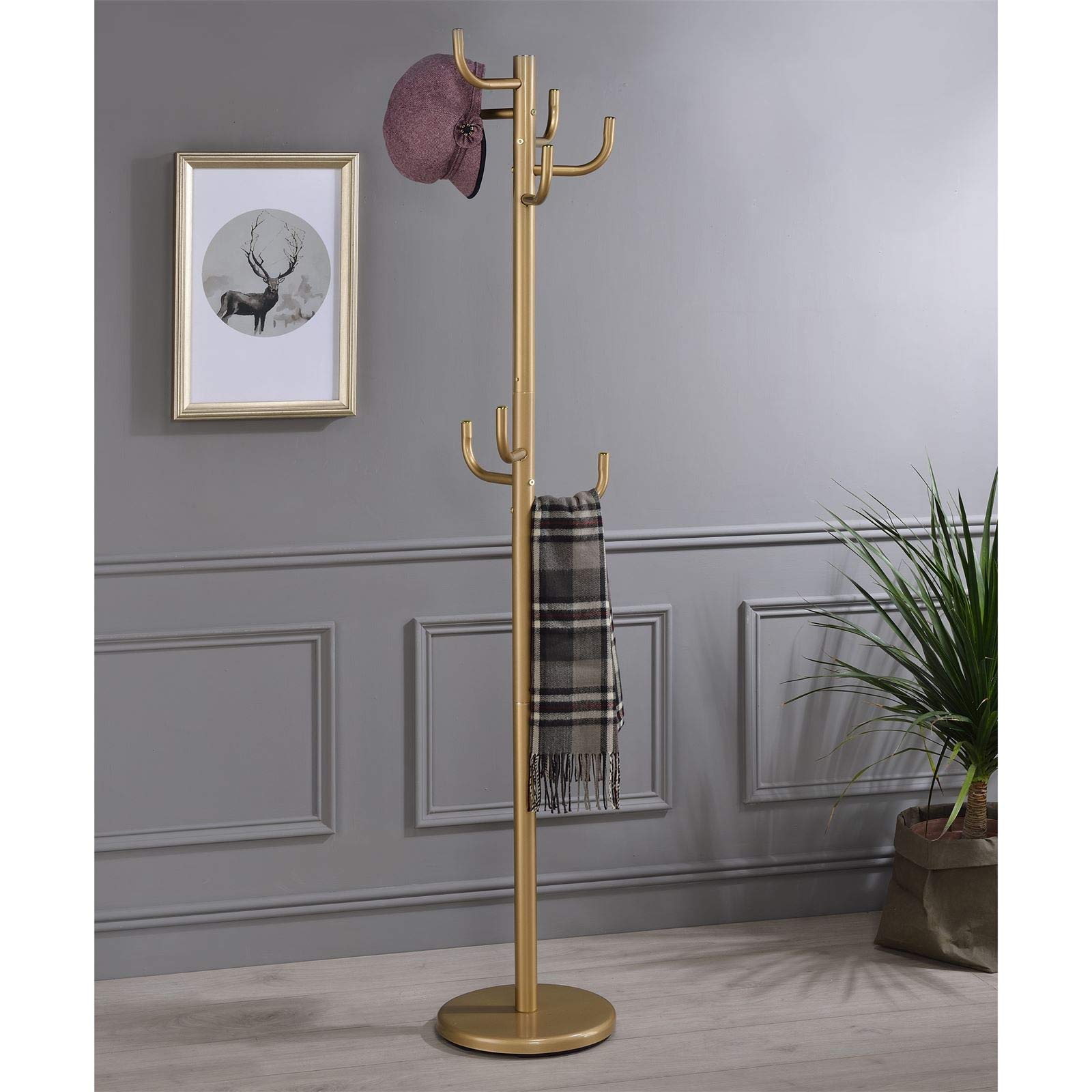 IDIMEX Porte-Manteaux Mila Portant pour vêtements sur Pied Hauteur 174 cm Socle Rond et 8 Crochets Dont 3 à mi-Hauteur, Meuble d'entrée en métal laqué Or