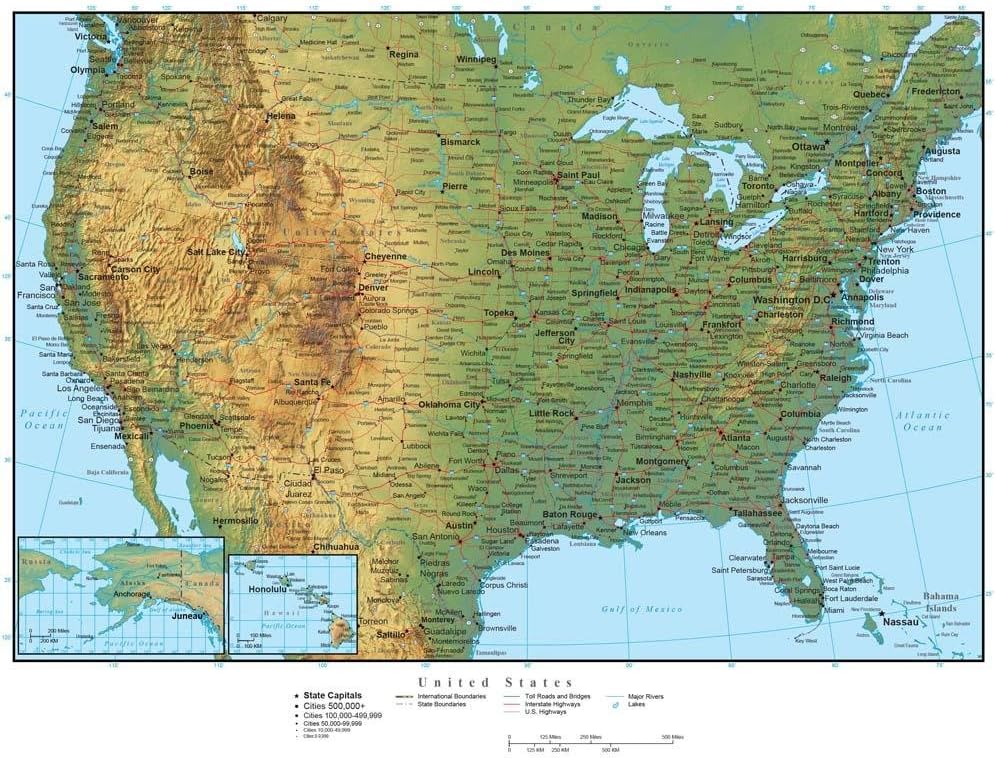 Wallmonkeys GEN-13489-36 WM171656 United States of America Terrain Map Peel and Stick Wall Decals, 36" W x 28" H-Large